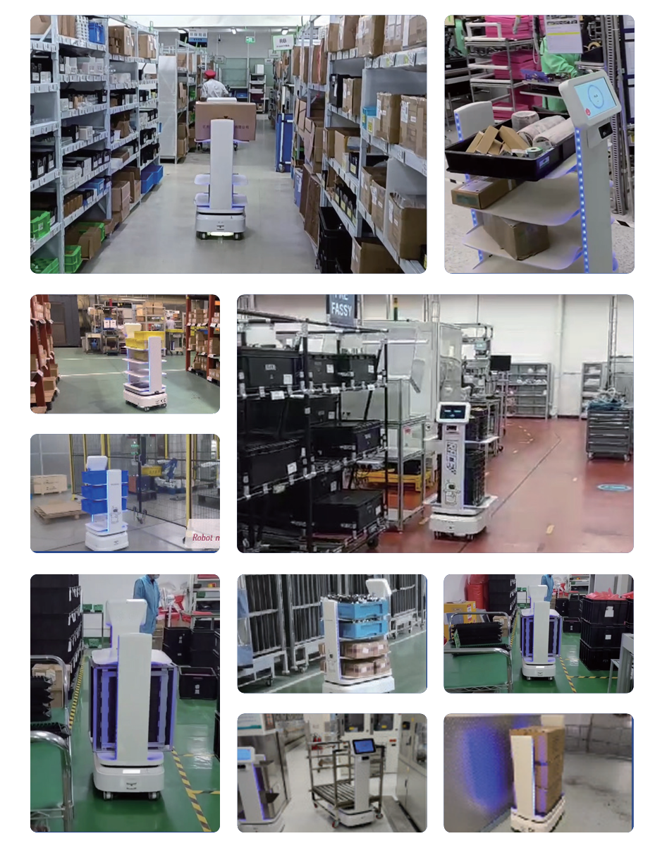 Multiple images of warehouse robots in various settings, navigating aisles, handling packages, and operating in industrial environments.
