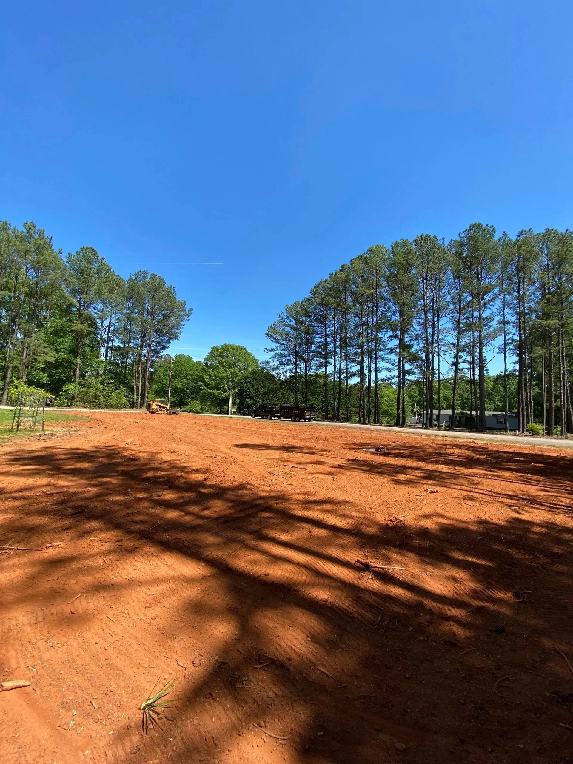 A cleared plot of land with red dirt and shadows from trees, bordered by tall pine trees and residential houses, under a bright blue sky.
