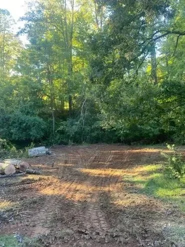 A dirt path or road in a wooded area with trees and greenery on both sides. The path has tire tracks and appears to be under construction or recently cleared.