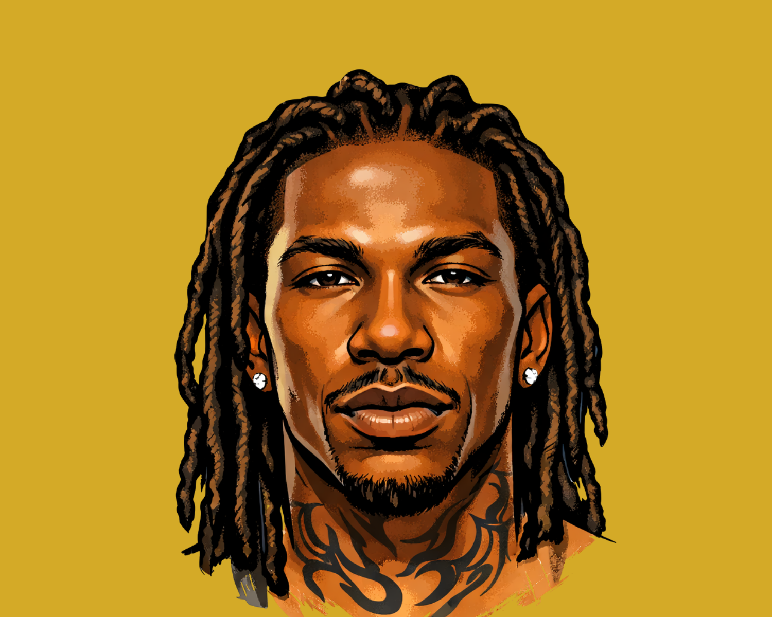 Digital illustration of a man with medium brown skin, long dreadlocks, facial tattoos, earrings, and a neutral expression, set against a yellow background.