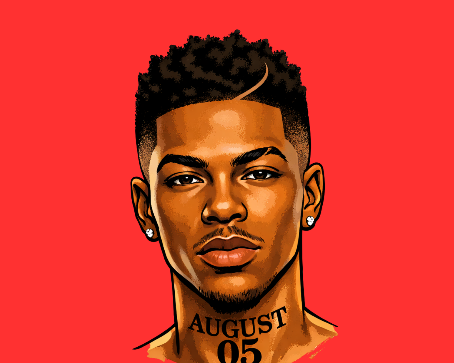 Digital illustration of a young man with a mohawk hairstyle, earrings, and a tattoo on his neck that reads 'AUGUST 05' against a red background.