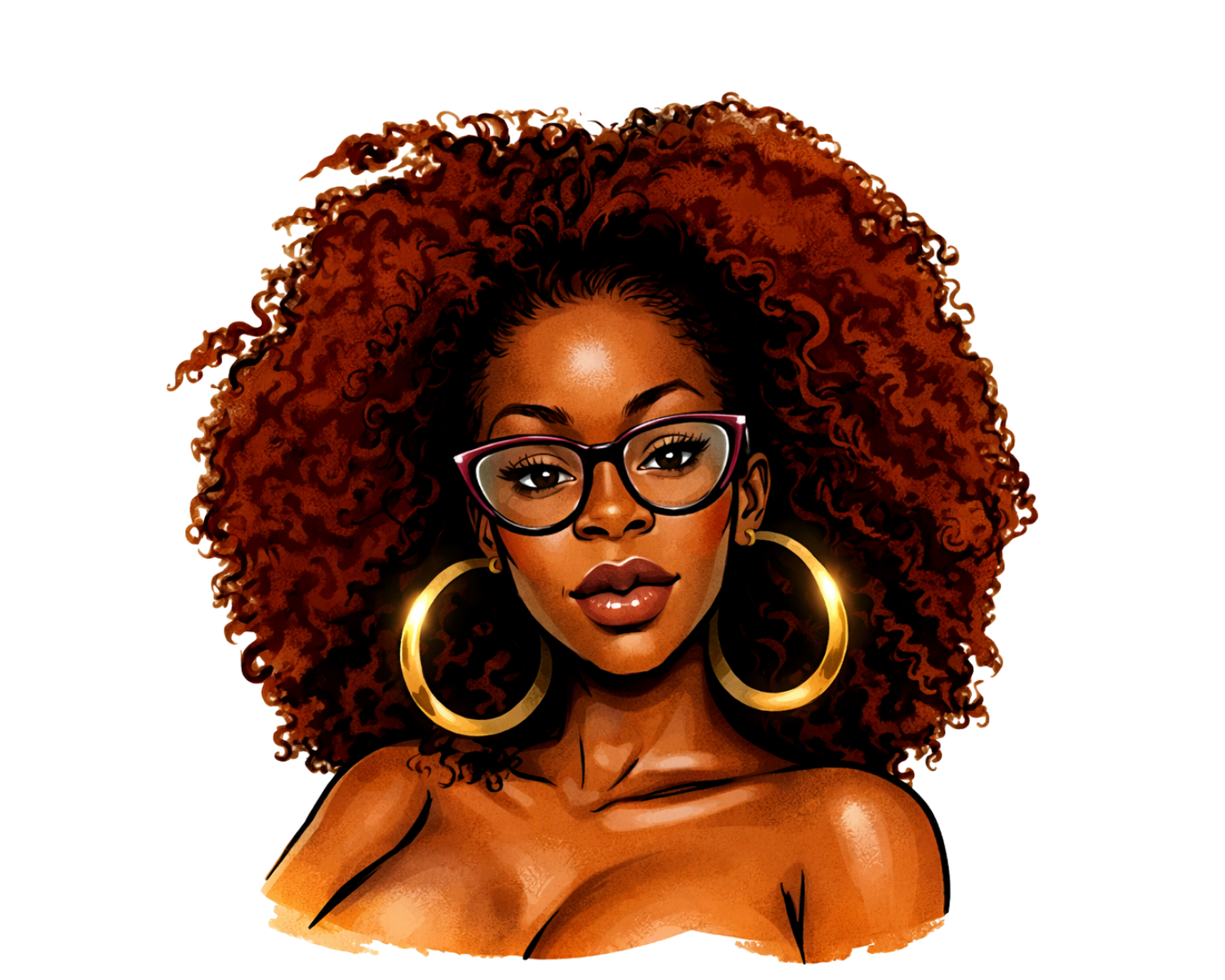 Digital illustration of a confident Black woman with curly reddish-brown hair, wearing glasses, large gold hoop earrings, and an off-shoulder top.
