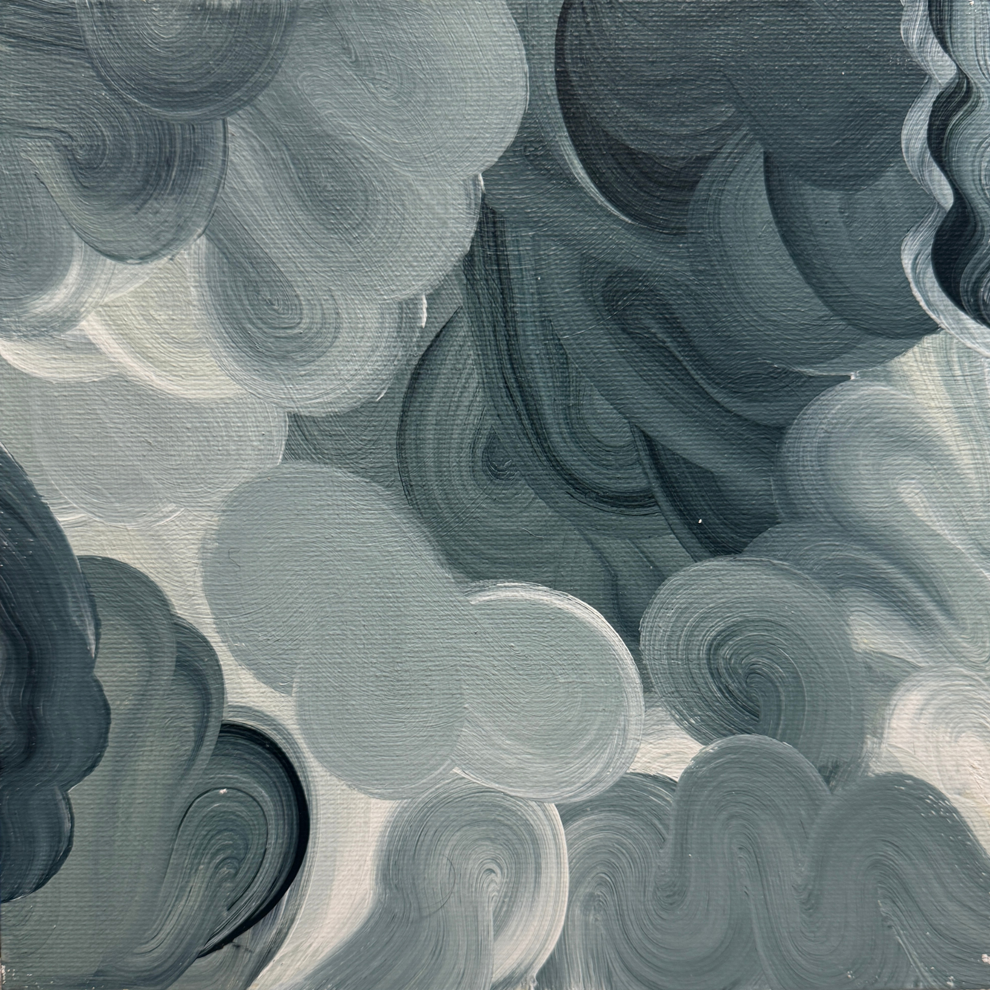 TdR 2025-C-2 | Acrylic on canvas | 25x25 cm | A monochrome toned abstract painting where fluid forms drift. The layered movement suggests balance and quiet motion, shifting in slow rhythm. The works creates a sense of openness and calm.