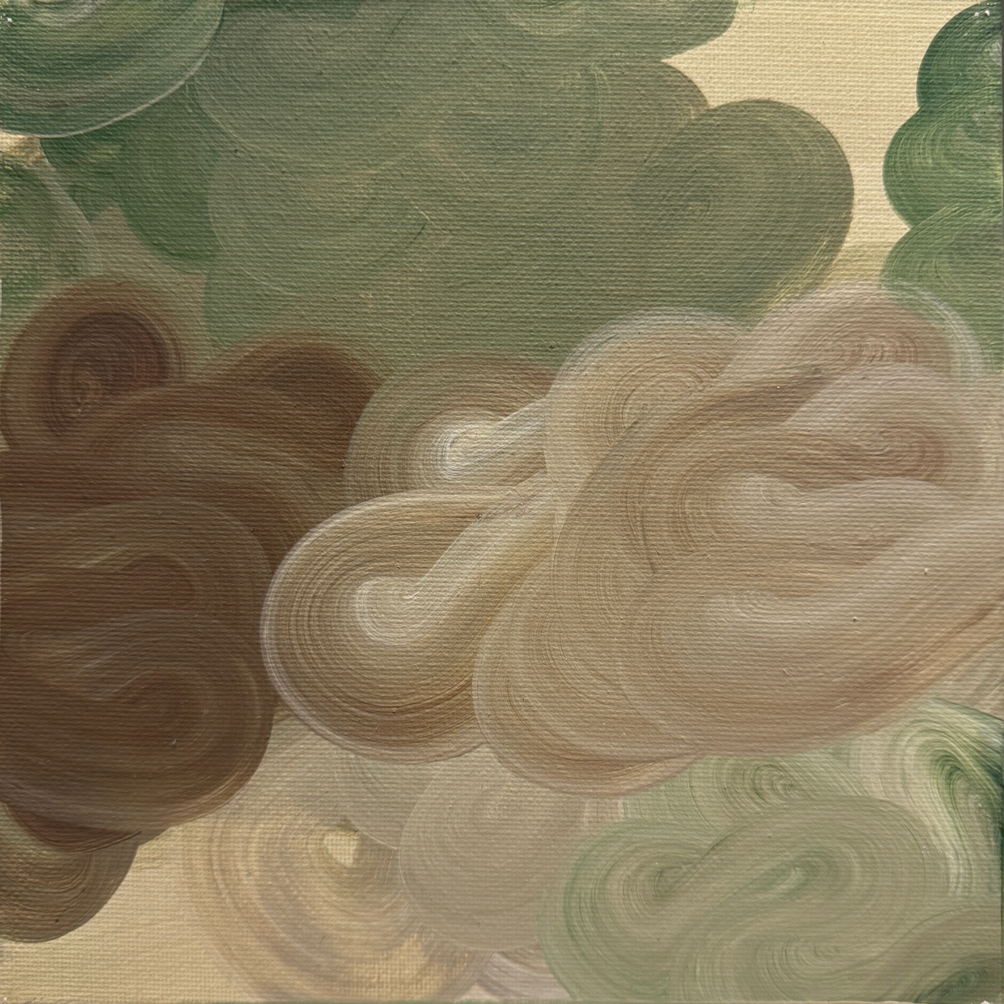 TdR 2025-C-6 | Acrylic on canvas | 25x25 cm | A natural and earthy coloured abstract painting where fluid forms drift. The layered movement suggests balance and quiet motion, shifting in slow rhythm. The works creates a sense of openness and calm.