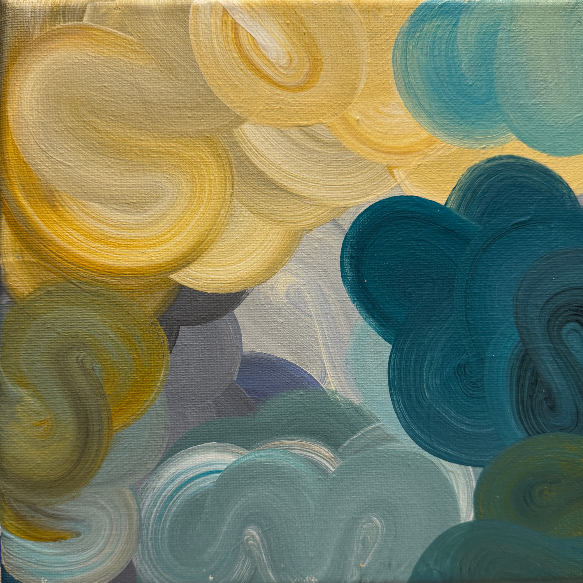 TdR 2025-C-5 | Acrylic on canvas | 25x25 cm | A bold coloured abstract painting where fluid forms drift. The layered movement suggests balance and quiet motion, shifting in slow rhythm. The works creates a sense of openness and calm.