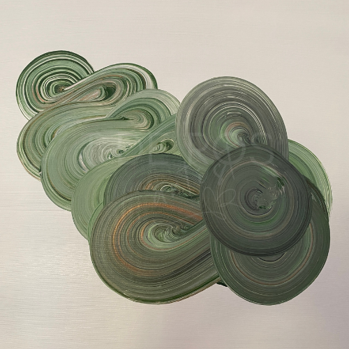 Green swirling patterns on an off-white surface, the green cloud like shape seems to be floating on the canvas. The artwork is original by T de Ros, London. 