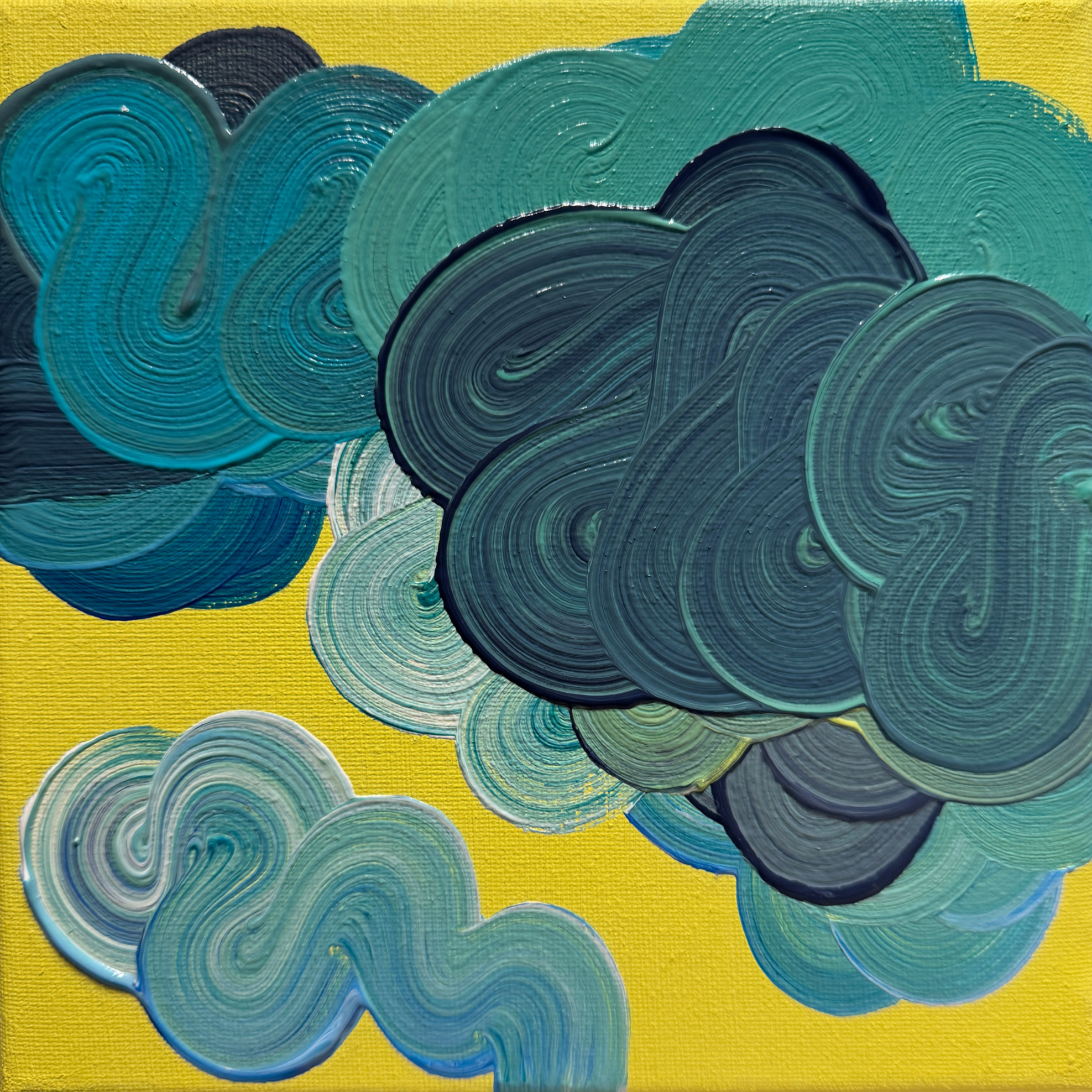 TdR 2026-A-07A | Acrylic on canvas | 25x25 cm | A pair of abstract paintings where fluid blue and green forms drift across a lemon yellow ground. The layered movement suggests balance and quiet motion, like clouds shifting in slow rhythm. Together, t