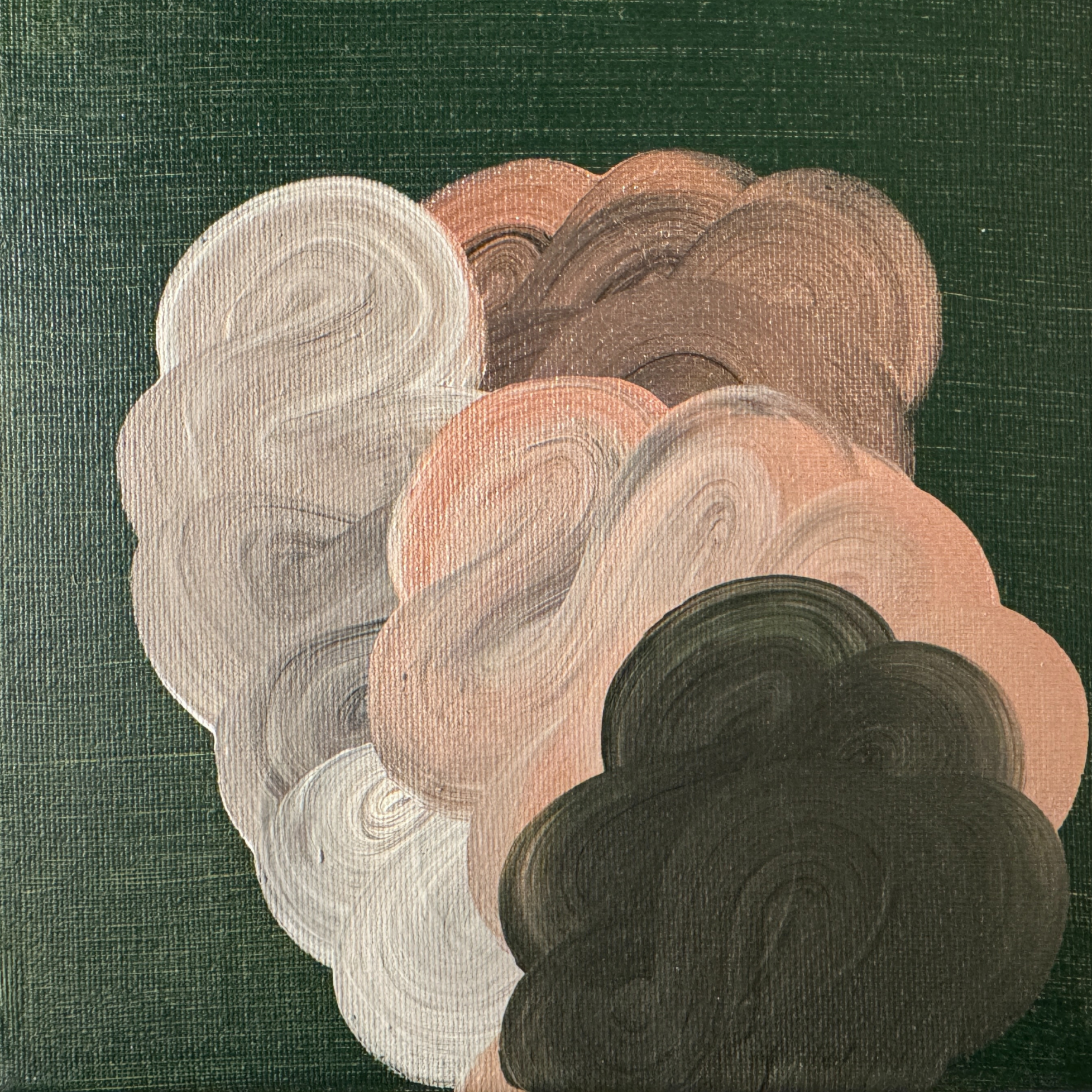 TdR 2026-A-04 | Acrylic on canvas | 25x25 cm | An abstract painting where fluid shimmering hues of pink and grey form a drift across a deep dark green background. The layered movement suggests balance and quiet motion, like clouds shifting in slow rh