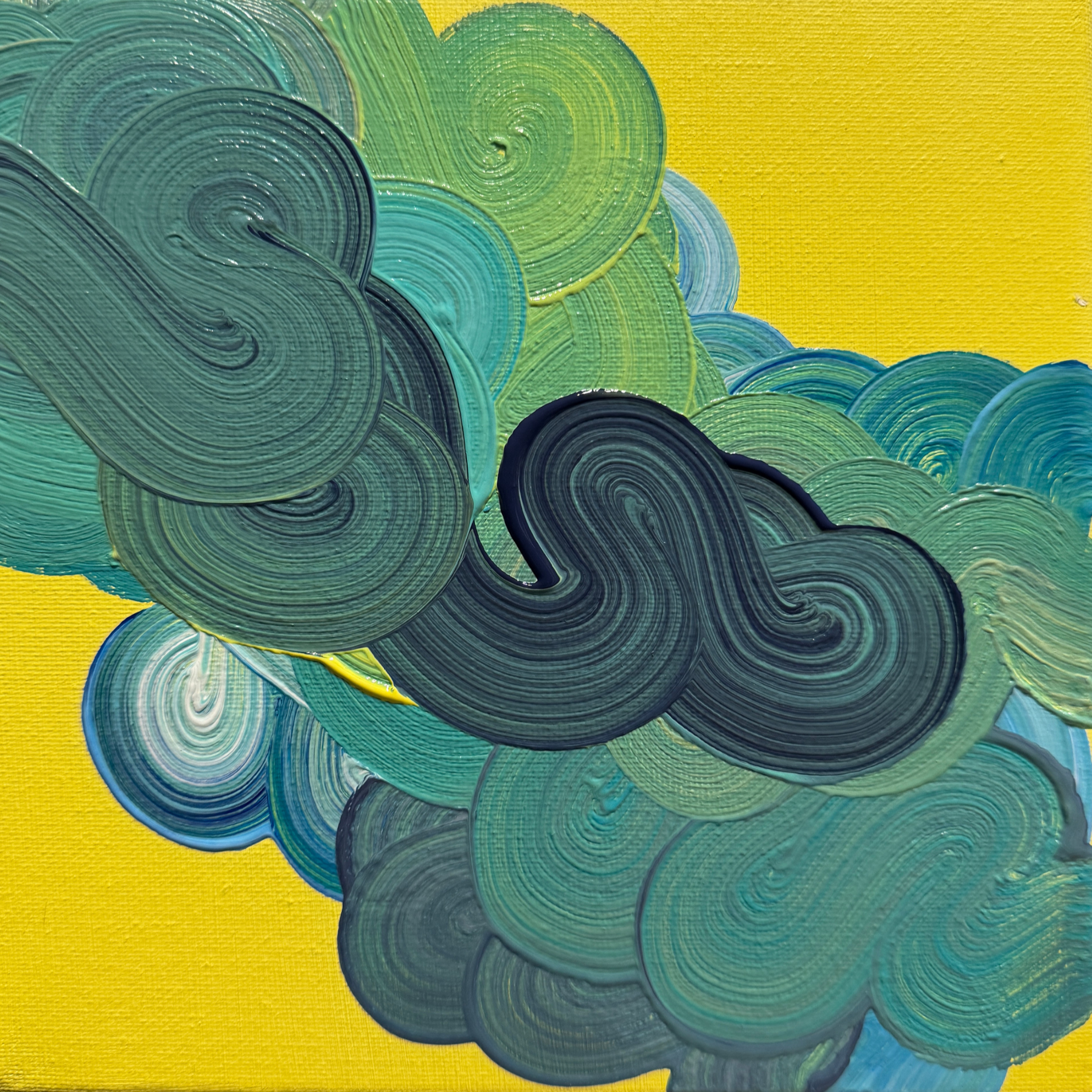 TdR 2026-A-07B | Acrylic on canvas | 25x25 cm | A pair of abstract paintings where fluid blue and green forms drift across a lemon yellow ground. The layered movement suggests balance and quiet motion, like clouds shifting in slow rhythm. Together, t