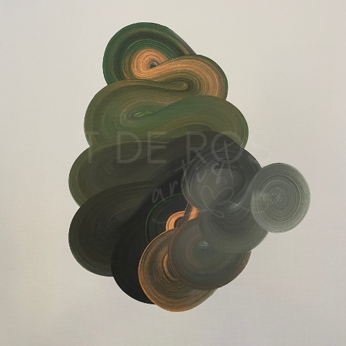 Gold and Green swirling patterns on an off-white surface, the green cloud like shape seems to be floating on the canvas. The artwork is original by T de Ros, London. The title is Hopes N Dreams.