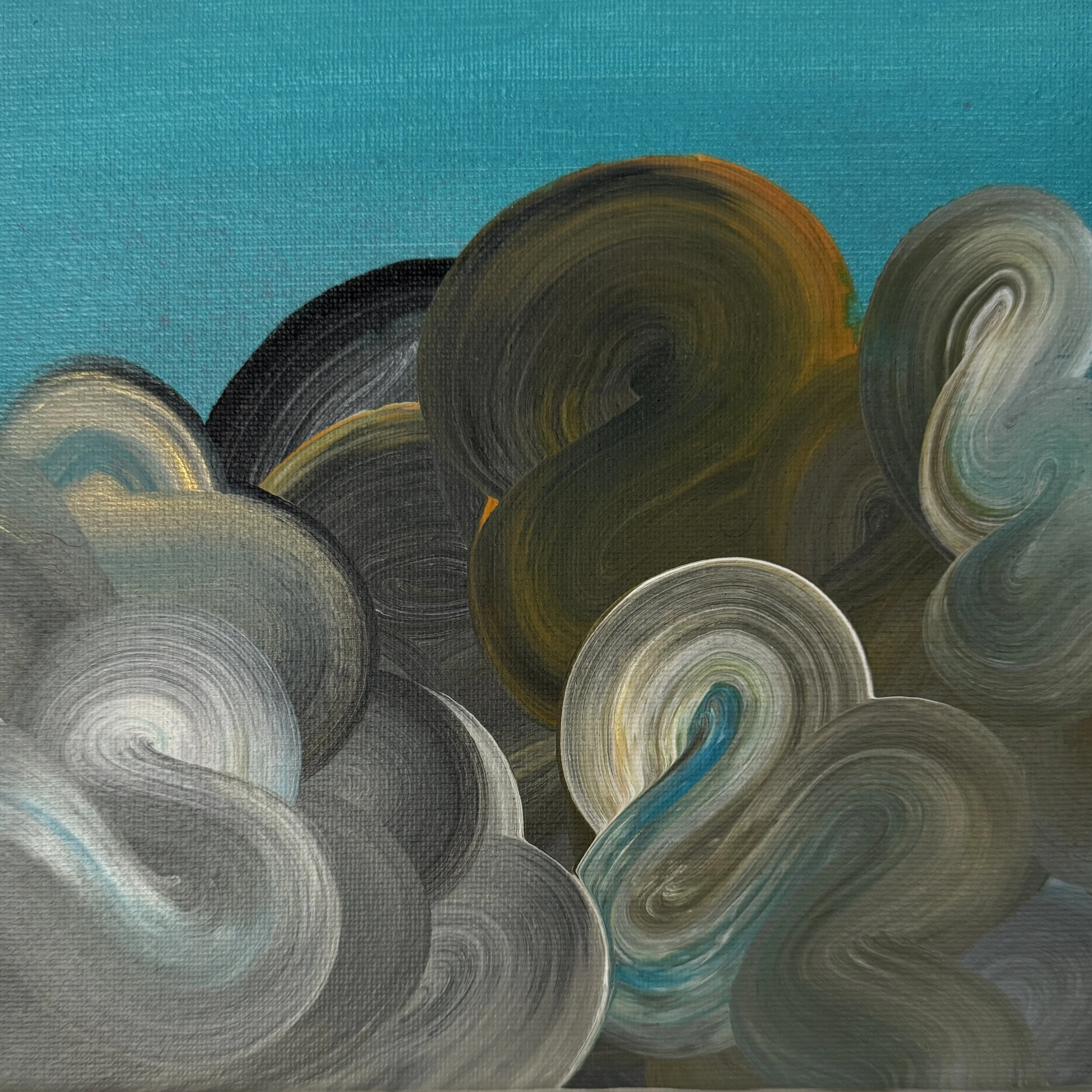 TdR 2026-A-11 | Acrylic on canvas | 20x20 cm | An abstract painting where fluid hues of green, grey and blue form a drift across a bold aquamarine ground. The layered movement suggests balance and quiet motion, like clouds shifting in slow rhythm. 