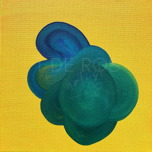 Hugging Happiness by T de Ros. Green and Blue shapes on canary yellow background. 
