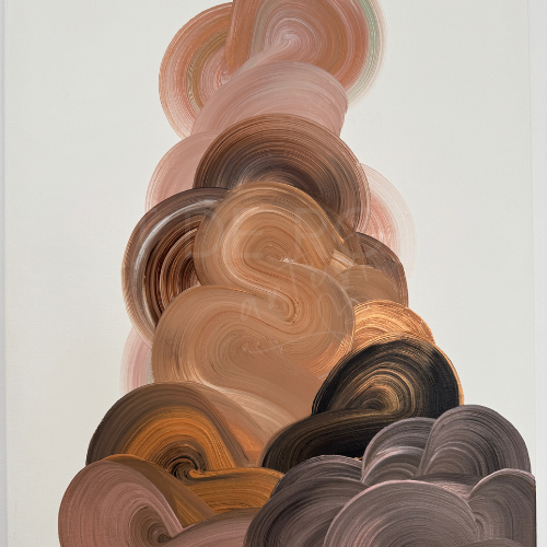Abstract painting with swirling, circular brushstrokes in various shades of brown, beige, pink, black, and gray. Original artwork by T de Ros, London.