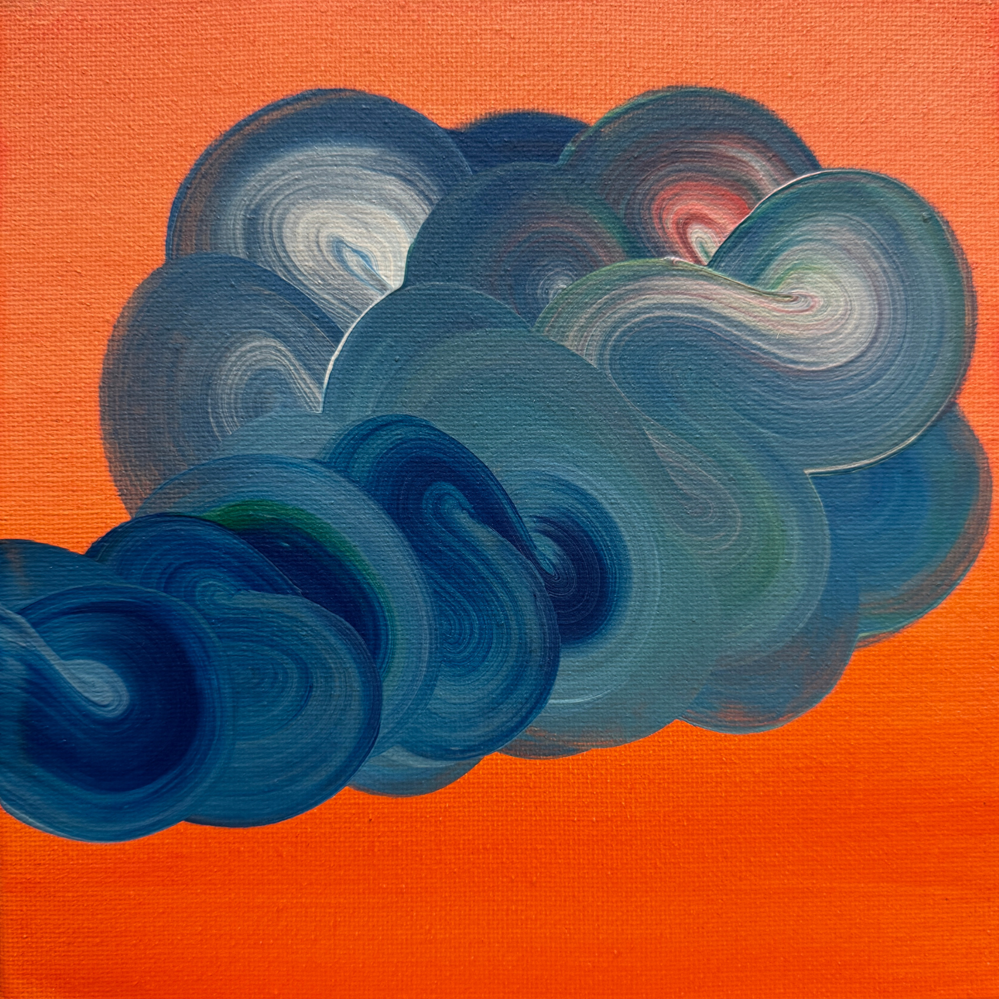 TdR 2026-A-06 | Acrylic on canvas | 25x25 cm | An abstract painting where fluid blues form drift across a bold orange ground. The layered movement suggests balance and quiet motion, like clouds shifting in slow rhythm. 