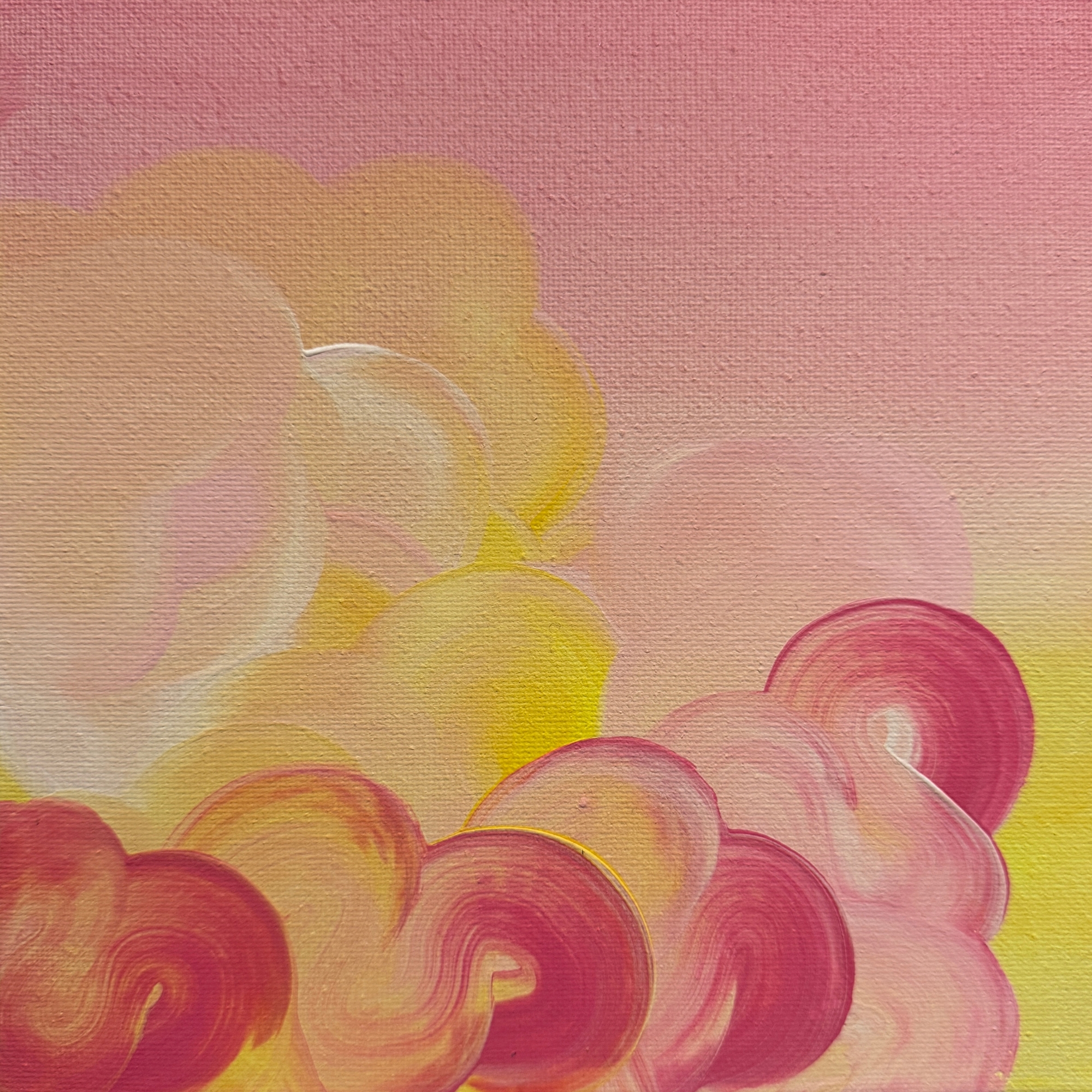 TdR 2025-C-1 | Acrylic on canvas | 25x25 cm | A bright coloured abstract painting where fluid forms drift. The layered movement suggests balance and quiet motion, shifting in slow rhythm. The works creates a sense of openness and calm.