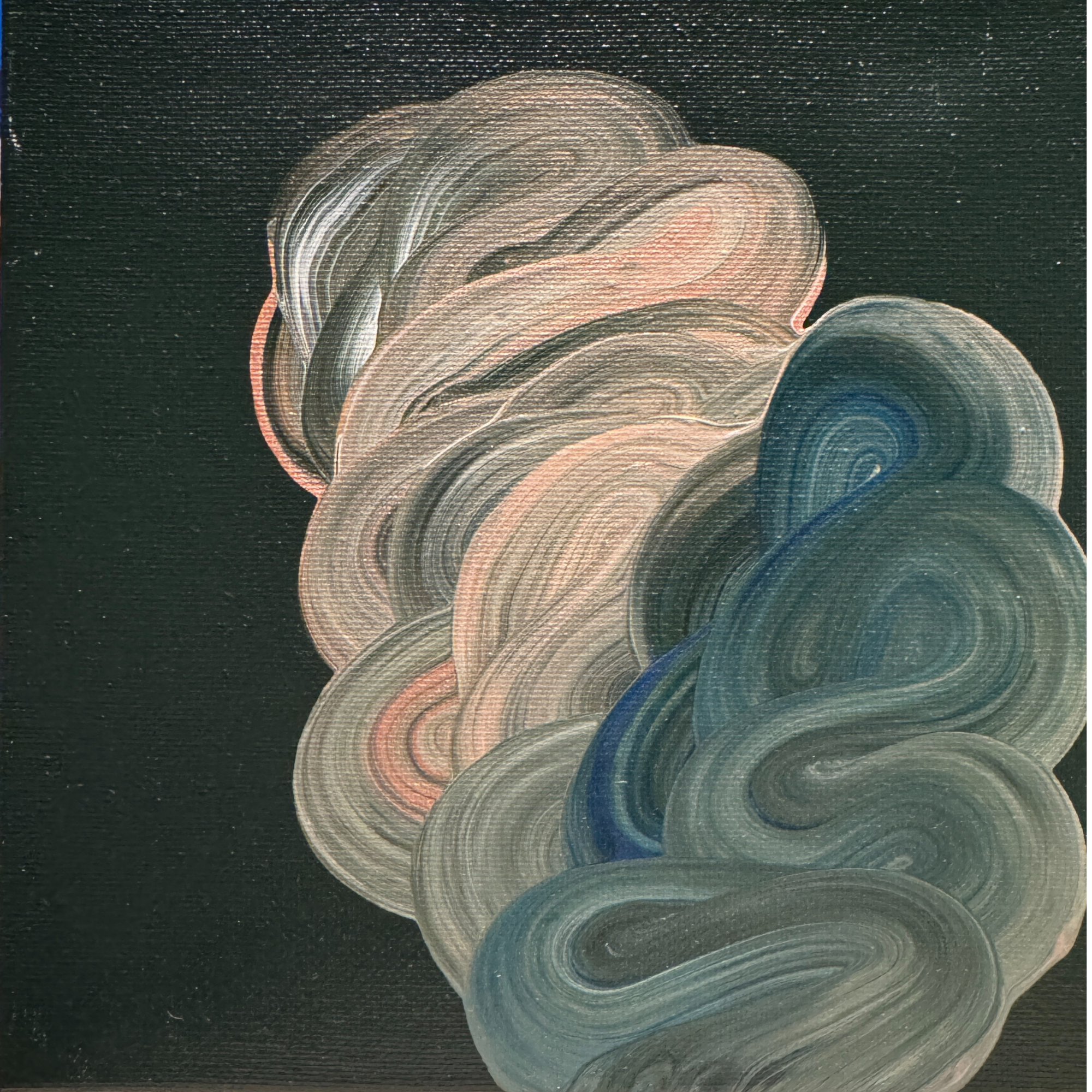 TdR 2026-A-03 | Acrylic on canvas | 25x25 cm | An abstract painting where fluid shimmering hues of blush, blue and grey form a drift across a near-black green background. The layered movement suggests balance and quiet motion, like clouds shifting in