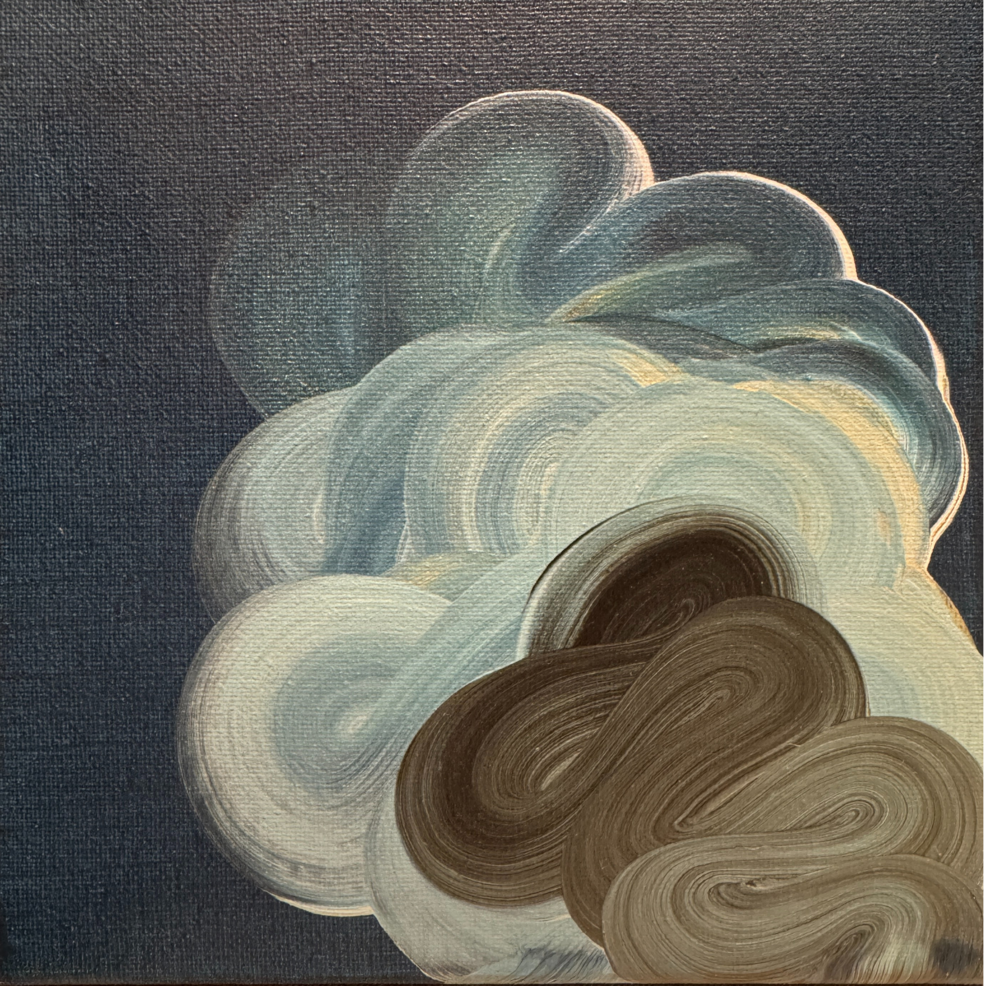 TdR 2026-A-8 | Acrylic on canvas | 25x25 cm | An abstract painting where fluid blue and grey forms drift across a black ground. The layered movement suggests balance and quiet motion, like clouds shifting in slow rhythm. The work create a sense of op