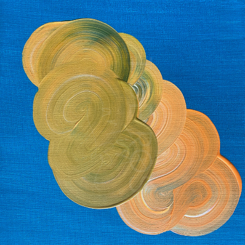 Blue Green Orange Trio 2/3 by T de Ros. Green and orange shapes on blue background. 