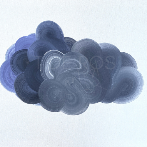 Blue swirling patterns on an off-white surface, the blue cloud like shape seems to be floating on the canvas. The artwork is original by T de Ros, London. 
