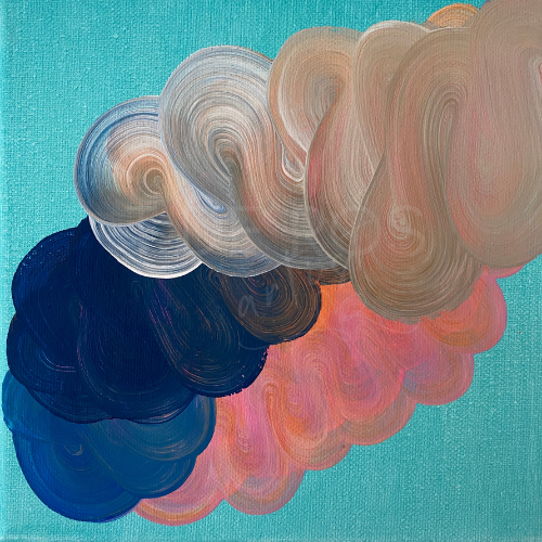 Abstract painting with swirling cloud-like shapes in shades of blue, gray, beige, pink, and orange on a teal background. Original artwork by T de Ros, London. 