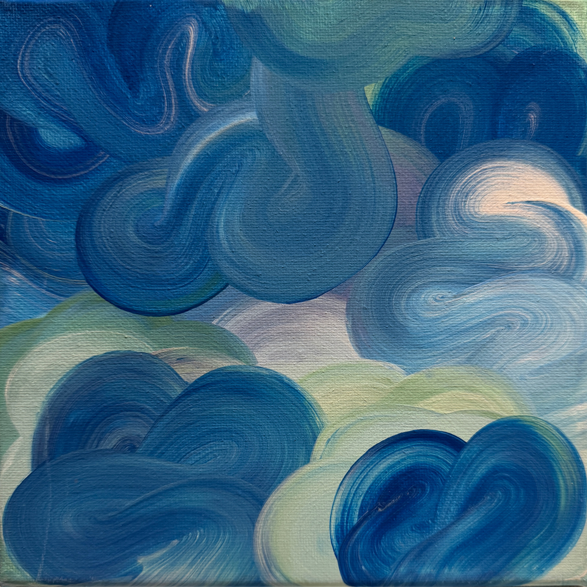 TdR 2025-C-4 | Acrylic on canvas | 25x25 cm | A bold coloured abstract painting where fluid forms drift. The layered movement suggests balance and quiet motion, shifting in slow rhythm. The works creates a sense of openness and calm.