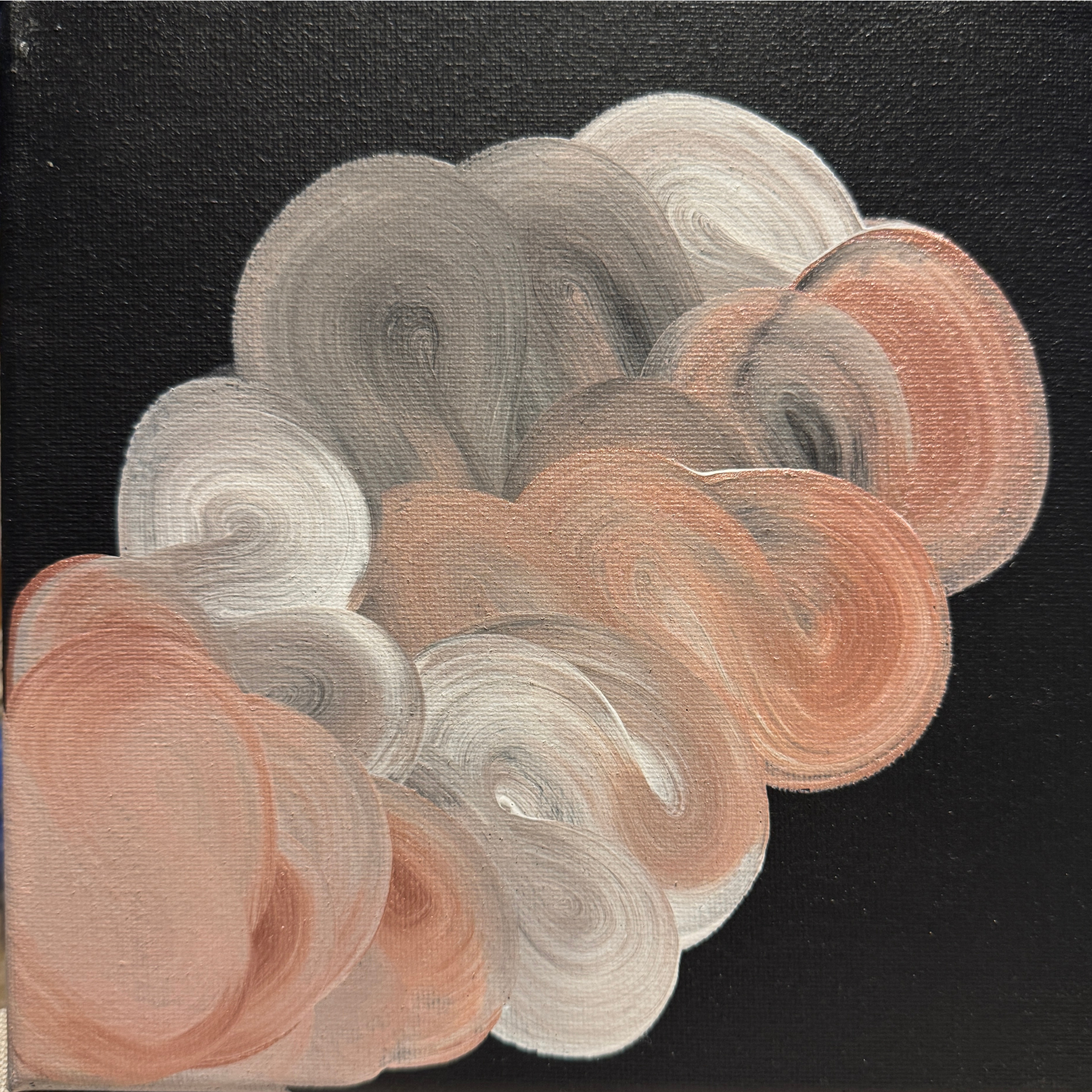 TdR 2026-A-05 | Acrylic on canvas | 25x25 cm | An abstract painting where fluid shimmering hues of pink and grey form a drift across a deep black ground. The layered movement suggests balance and quiet motion, like clouds shifting in slow rhythm. 