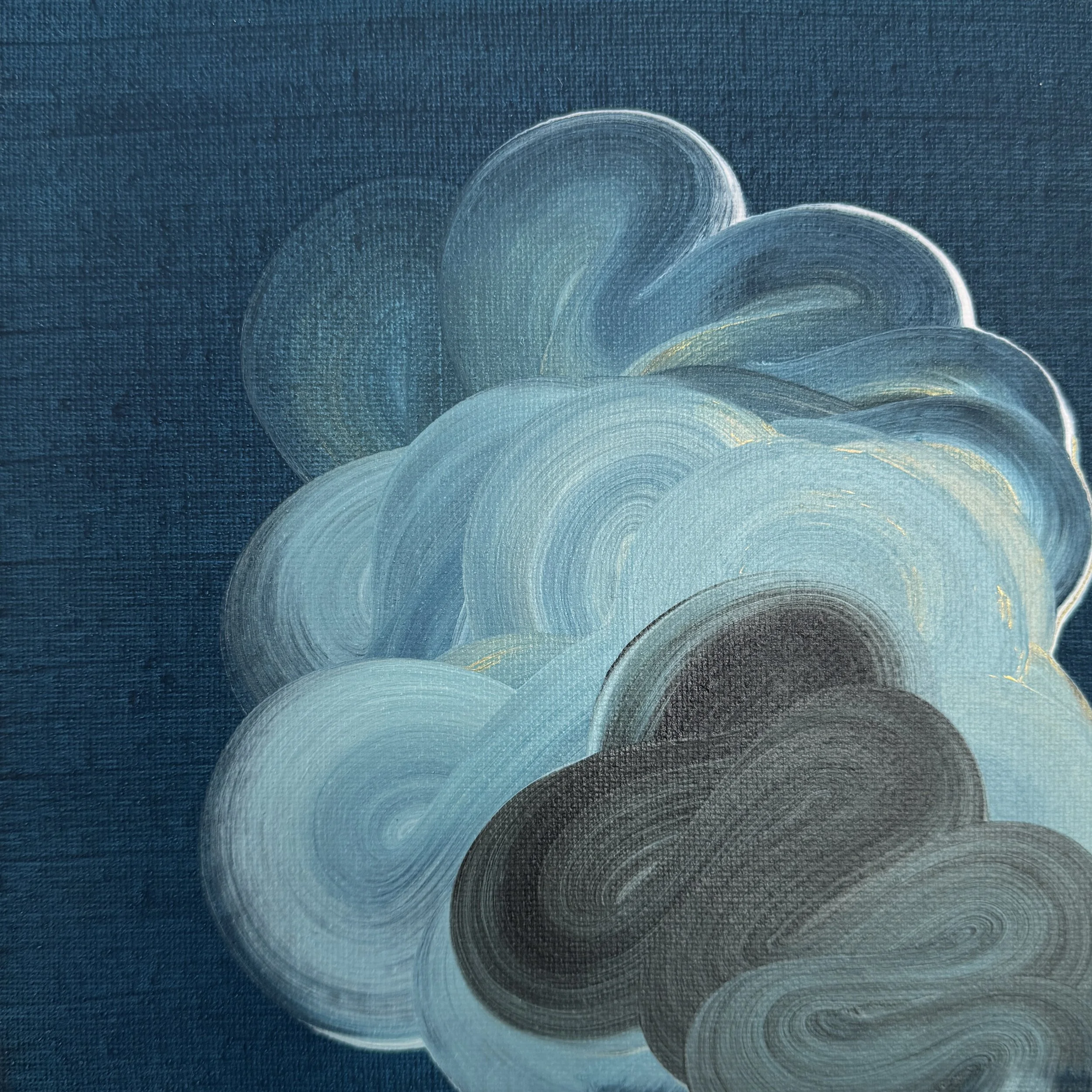 TdR 2026-A-8 | Acrylic on canvas mini | 20x20 cm | An abstract painting where fluid blue and grey forms drift across a deep blue ground. The layered movement suggests balance and quiet motion, like clouds shifting in slow rhythm. The work create a se