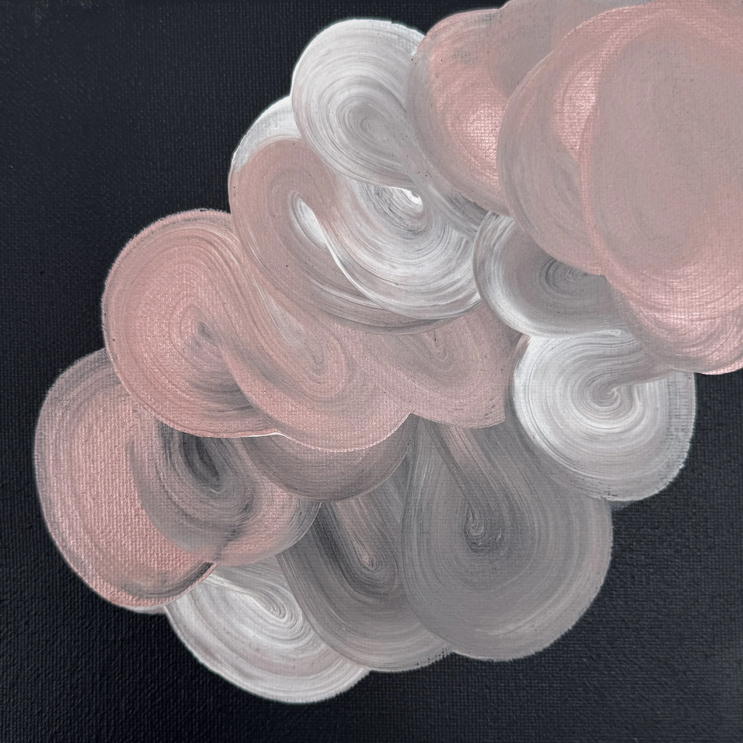 TdR 2026-A-05 | Acrylic on canvas | 20x20 cm | An abstract painting where fluid shimmering hues of pink and grey form a drift across a deep black ground. The layered movement suggests balance and quiet motion, like clouds shifting in slow rhythm. 
