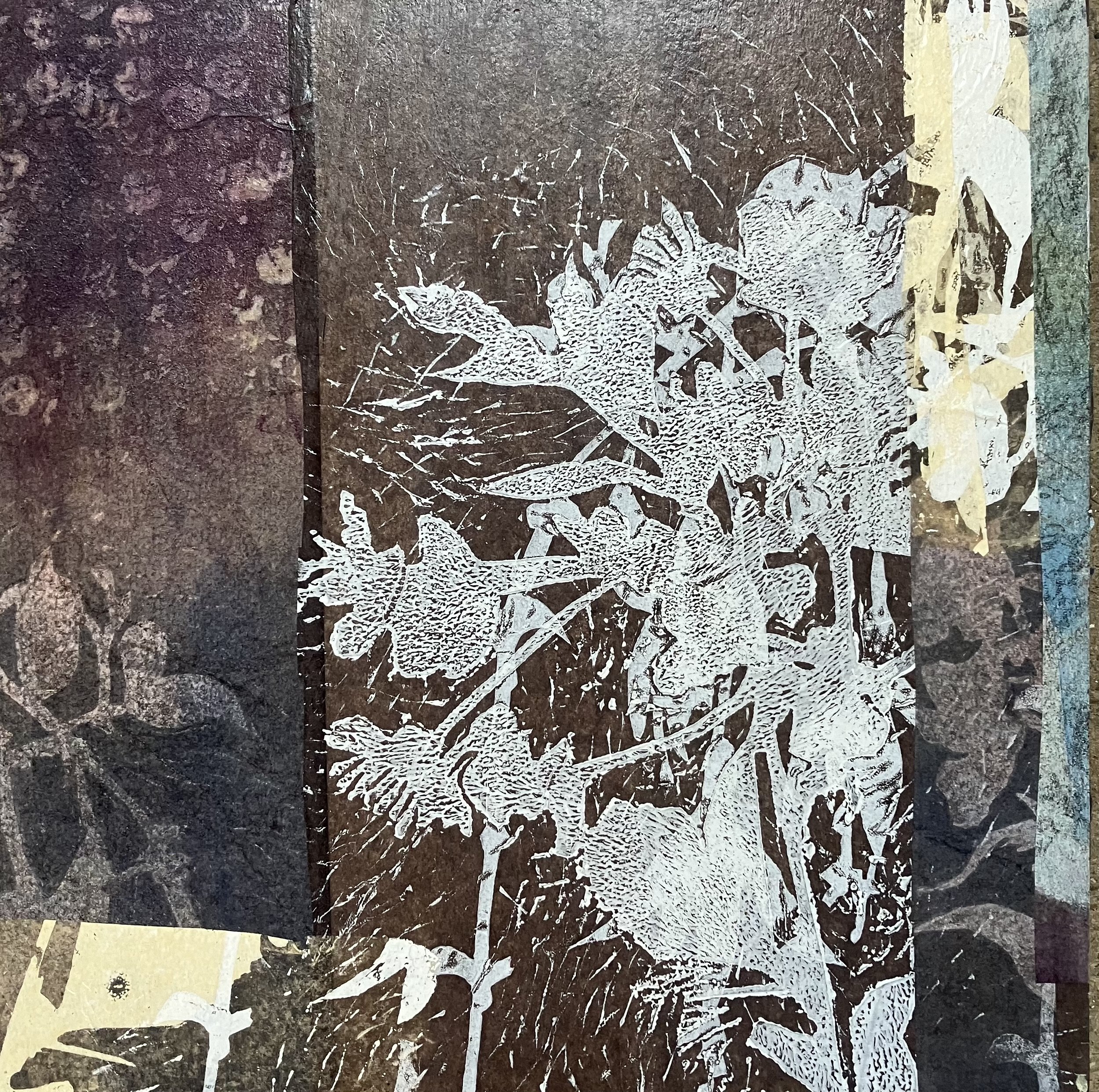 Nocturne 2 of 3, 2025, Monotype and relief print collage on birch cradle board, 25 x 25 cm