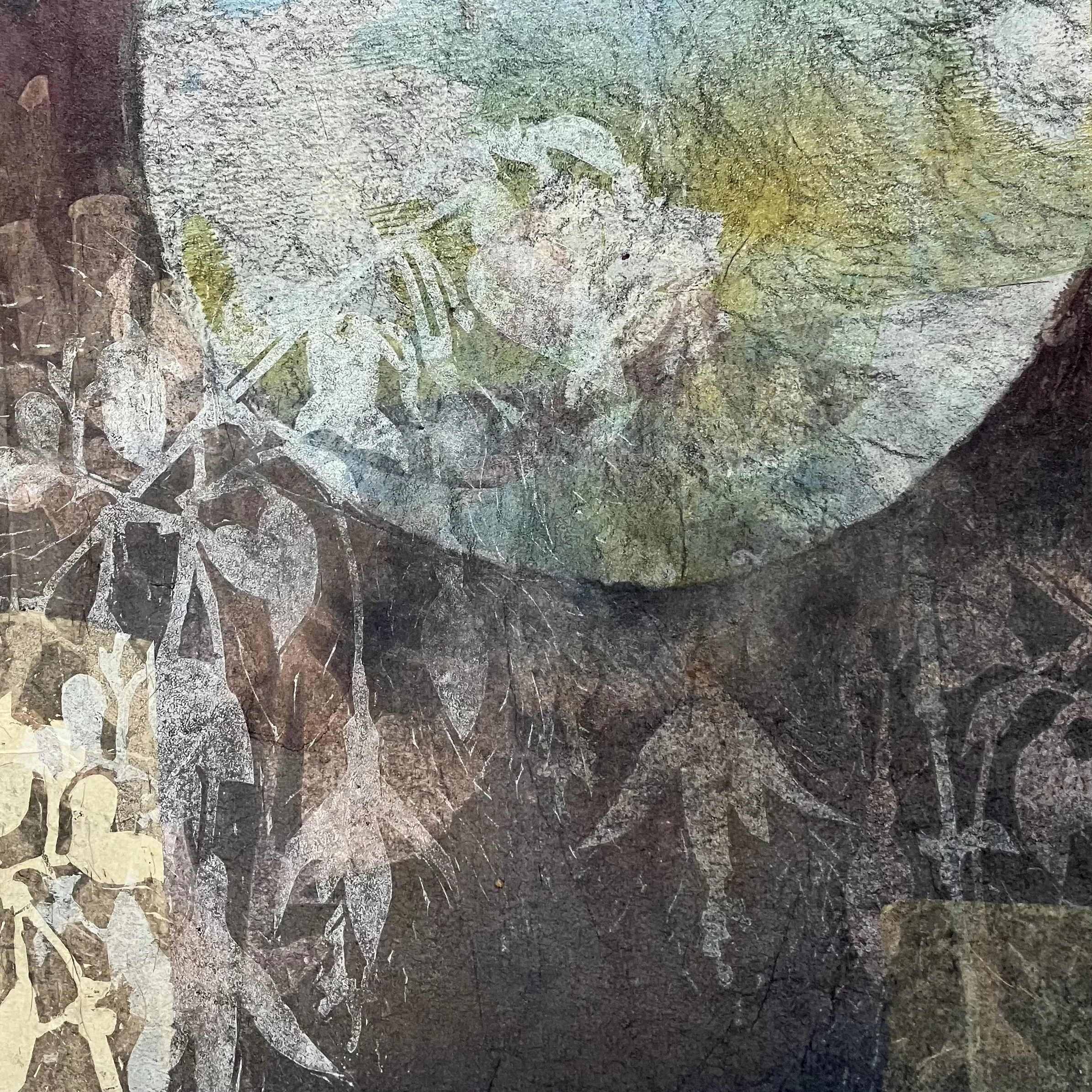 Nocturne 1 of 3, 2025, Monotype and relief print collage on birch cradle board, 25 x 25 cm