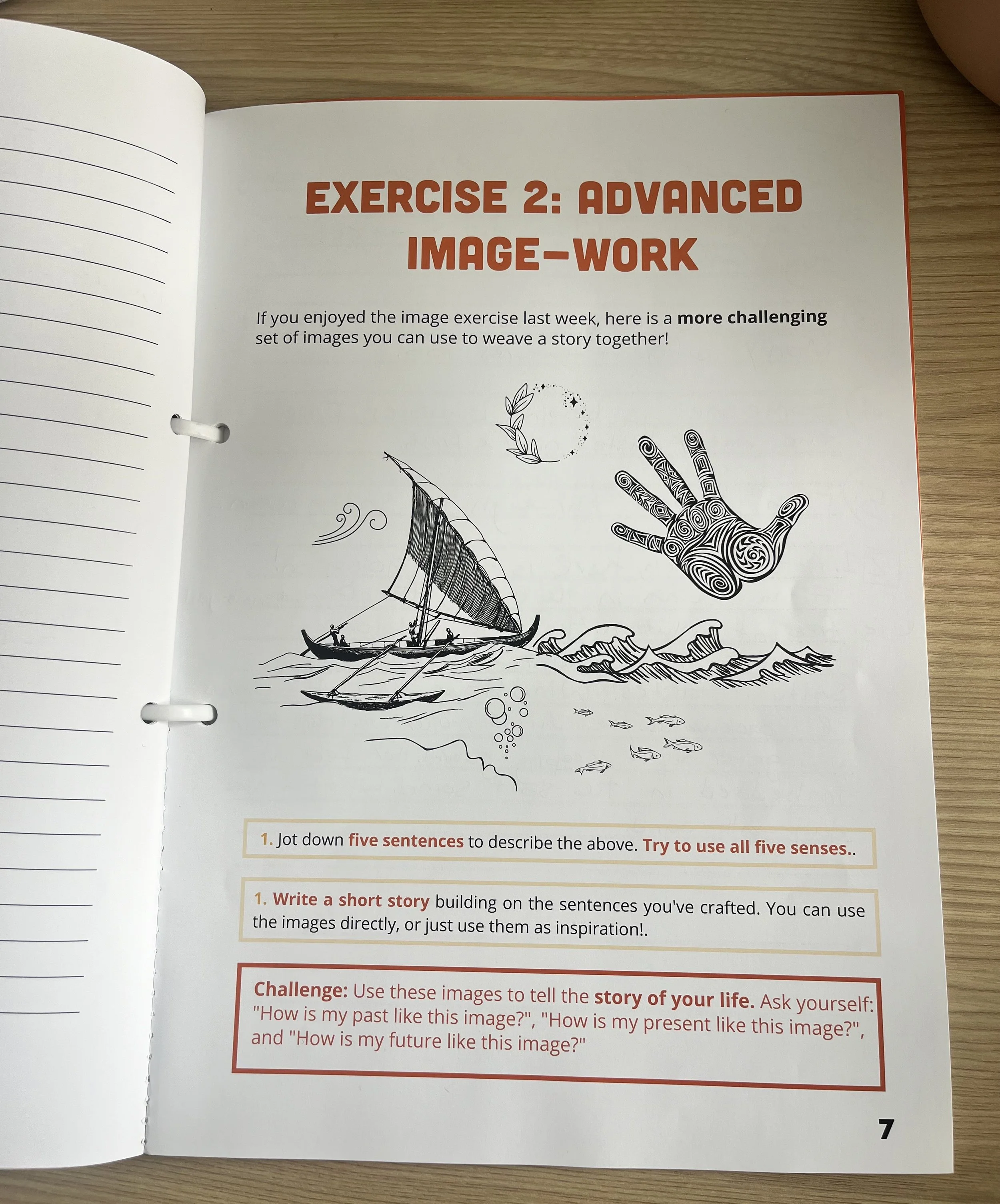 A sailing boat on the water with a small boat nearby, set against a backdrop of waves and fish swimming below, with a decorative hand and a circular, leafy design in the sky.