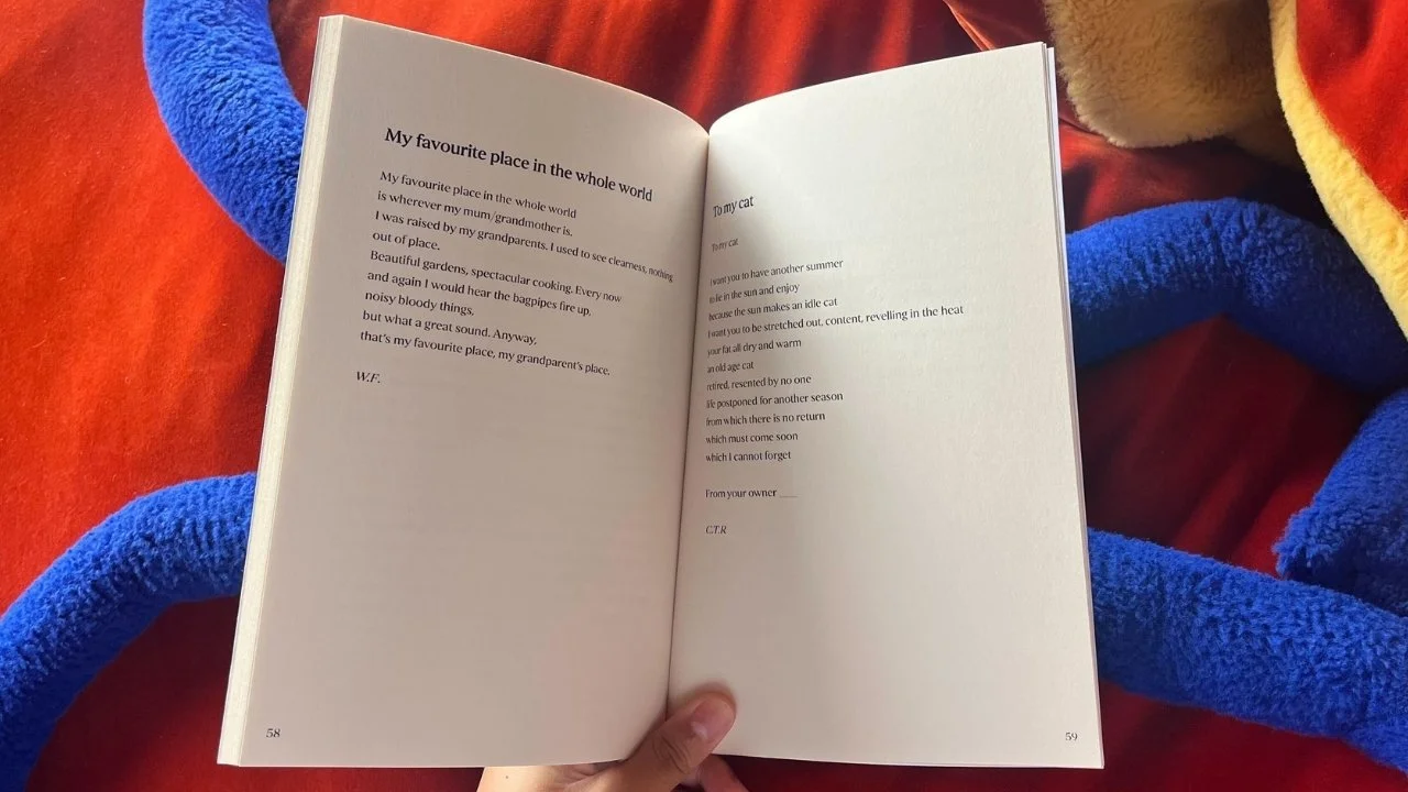 An open book resting on a red blanket with multicolored plush blanket pieces in the background. The left page has a poem titled 'My favourite place in the whole world' and the right page has a poem titled 'My cat'.