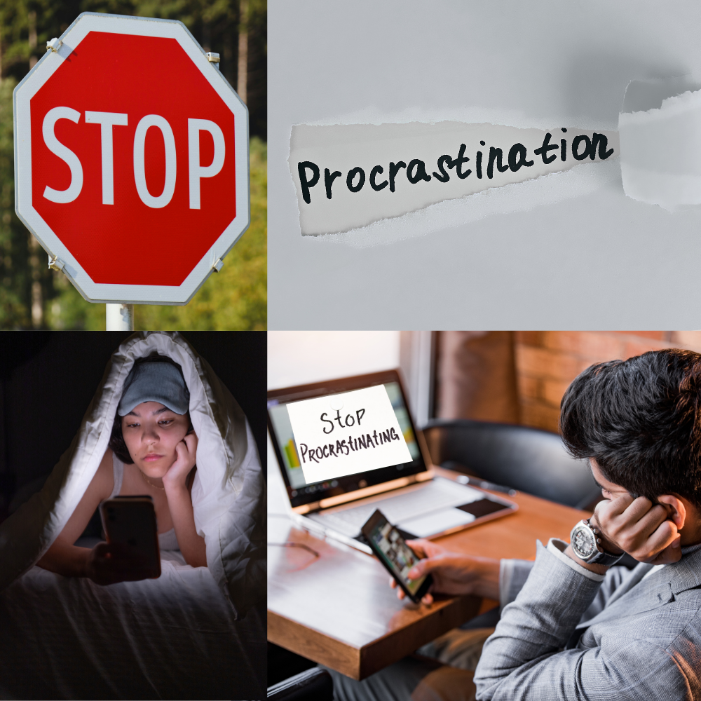 A collage of four images: a stop sign, a torn piece of paper with the word 'Procrastination,' a woman under a blanket looking at her phone at night, and a man sitting at a desk with a laptop that displays 'Stop Procrastinating' while he looks at his phone.