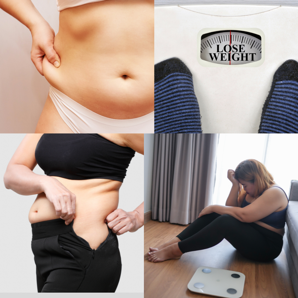 A collage showing weight loss themes: top left a woman pinching her stomach, top right a scale with 'lose weight' on it, bottom left a woman measuring her waist, bottom right a woman sitting on the floor with her head down and a scale nearby.
