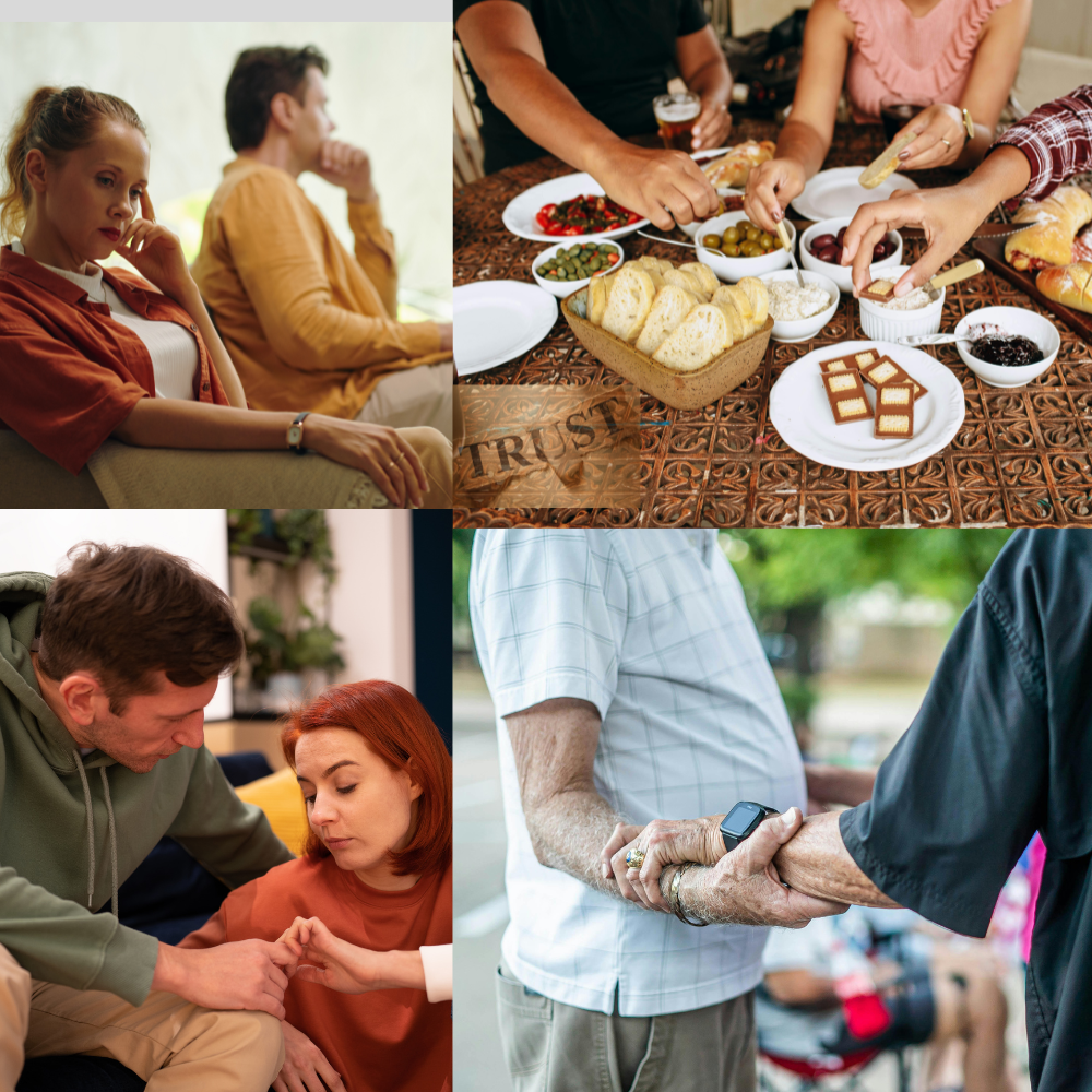 Collage of four images: Top left shows a woman and man sitting on a couch, looking thoughtful. Top right shows people serving food at a table with bread, olives, and desserts, possibly during a gathering. Bottom left shows a young man and woman sitting close together, holding hands and appearing emotional. Bottom right depicts an elderly person and another individual shaking hands, the elderly person wearing a watch.