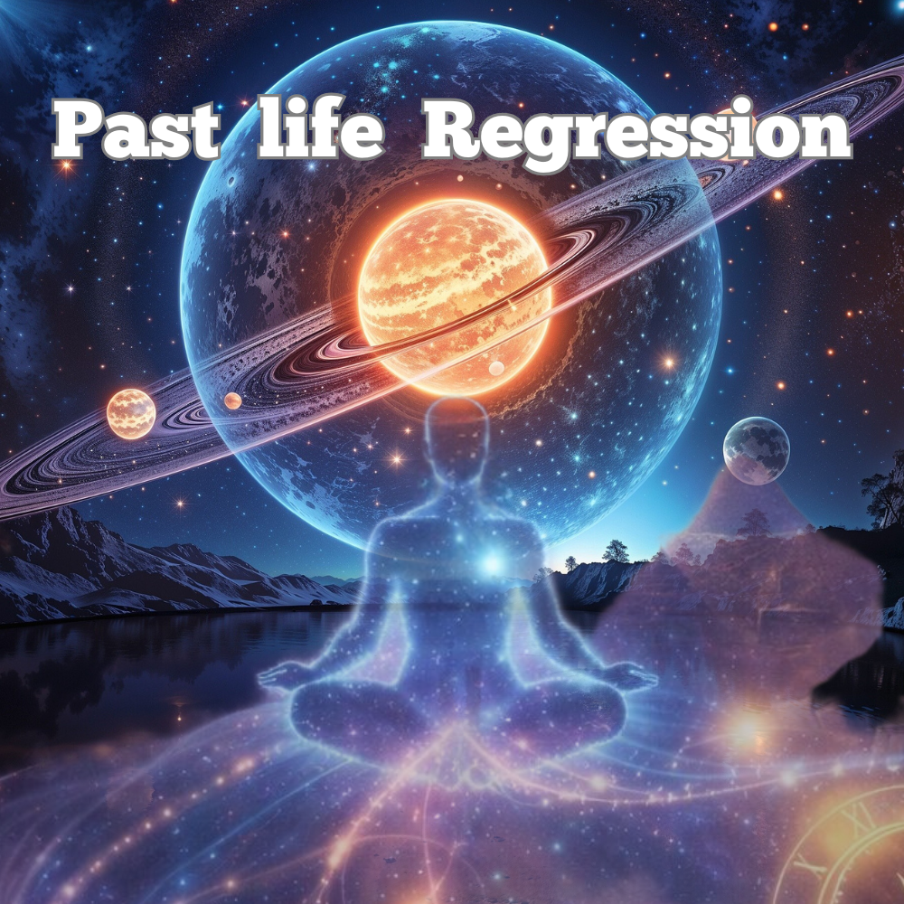 A cosmic scene featuring a person meditating in front of a large planet with rings, smaller planets, and stars, with the text 'Past life Regression' at the top.