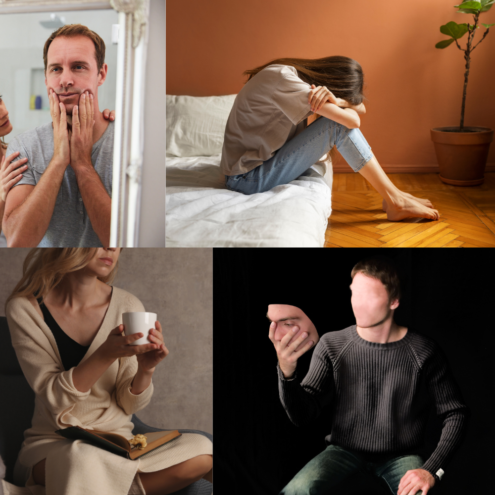 A collage of four images showing people experiencing different emotional states. The first image features a man looking in the mirror, touching his face, appearing concerned or thoughtful. The second image shows a woman sitting on her bed with her knees pulled to her chest, covering her face, appearing distressed or sad. The third image depicts a woman holding a cup, sitting with an open book and a pastry, showing a thoughtful or reflective mood. The fourth image is of a man against a dark background, with his face obscured, covering his mouth with his hand, appearing to be in distress or deep contemplation.