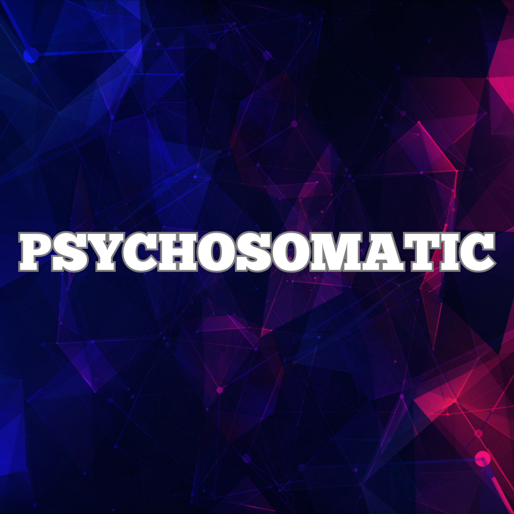 Colorful digital background with interconnected lines and points, with the word 'PSYCHOSOMATIC' in bold white letters in the center.