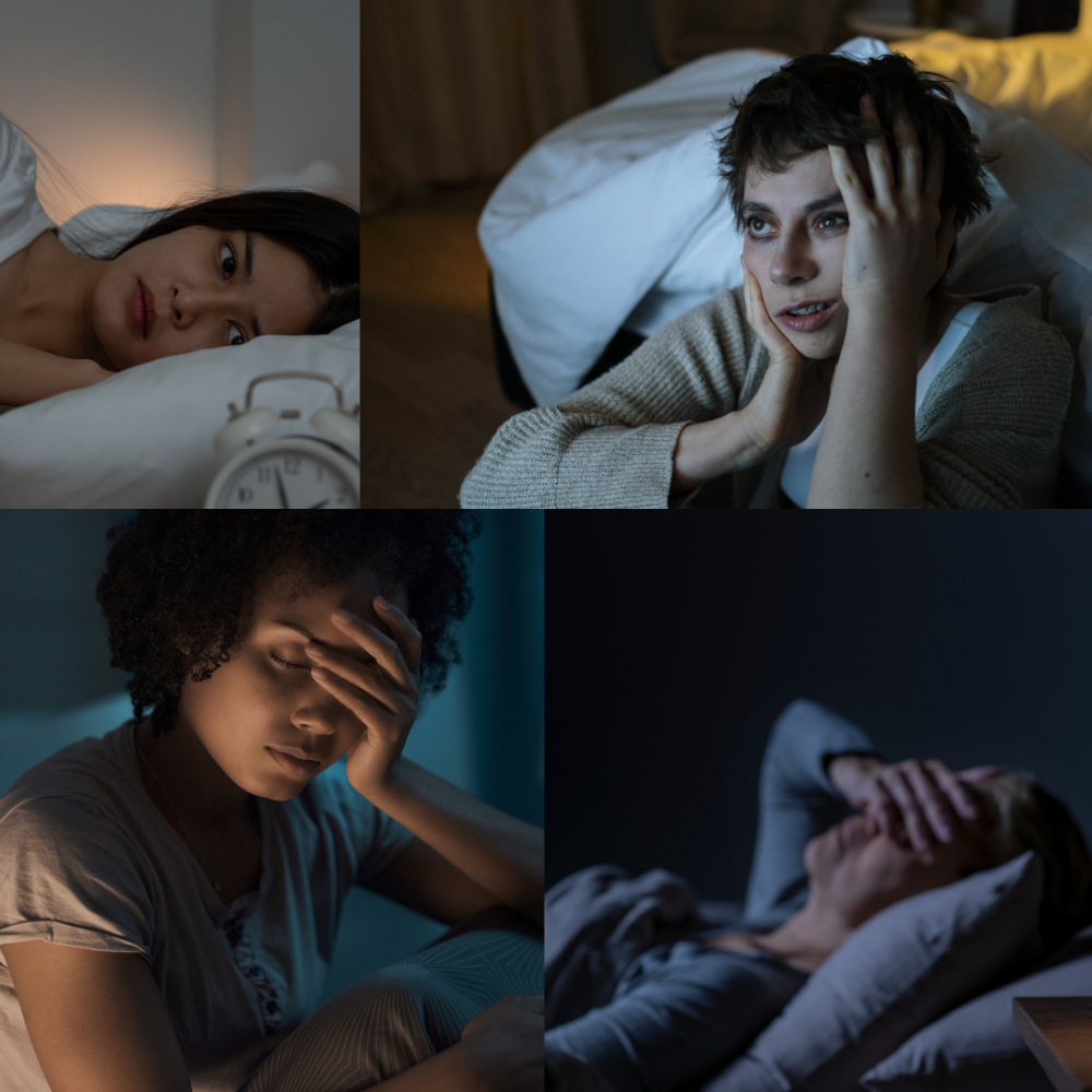 Four women experiencing different types of sleep issues: a woman lying awake in bed, a woman holding her head in distress, a woman with a headache, and a woman covering her face while lying in bed.