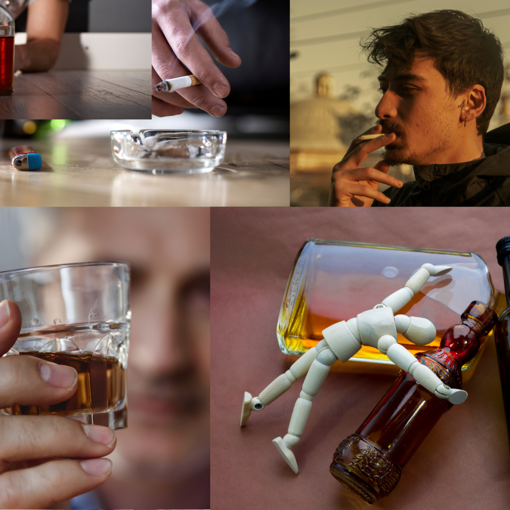 A collage of photos including cigarettes, a glass of alcohol, a person smoking, and a wooden mannequin posed as if drinking or resting among bottles and alcohol glasses.