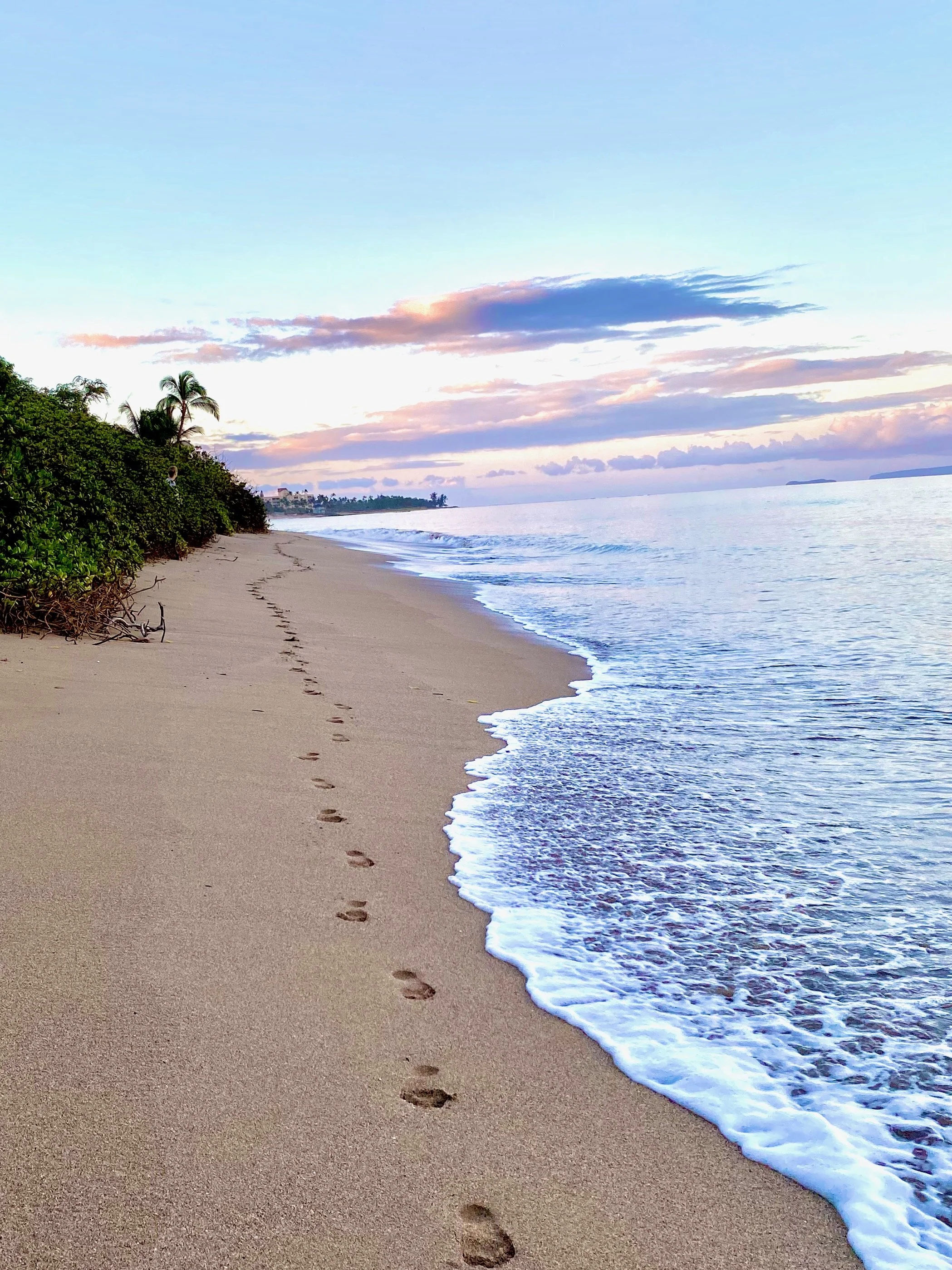 Footprints in the sand on a beach with ocean waves, green bushes on the left, and a partly cloudy sky at sunset or sunrise.