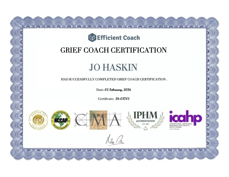 Grief coach certification awarded to Jo Haskin from Efficient Coach, dated February 3, 2026, with various organization logos at the bottom.