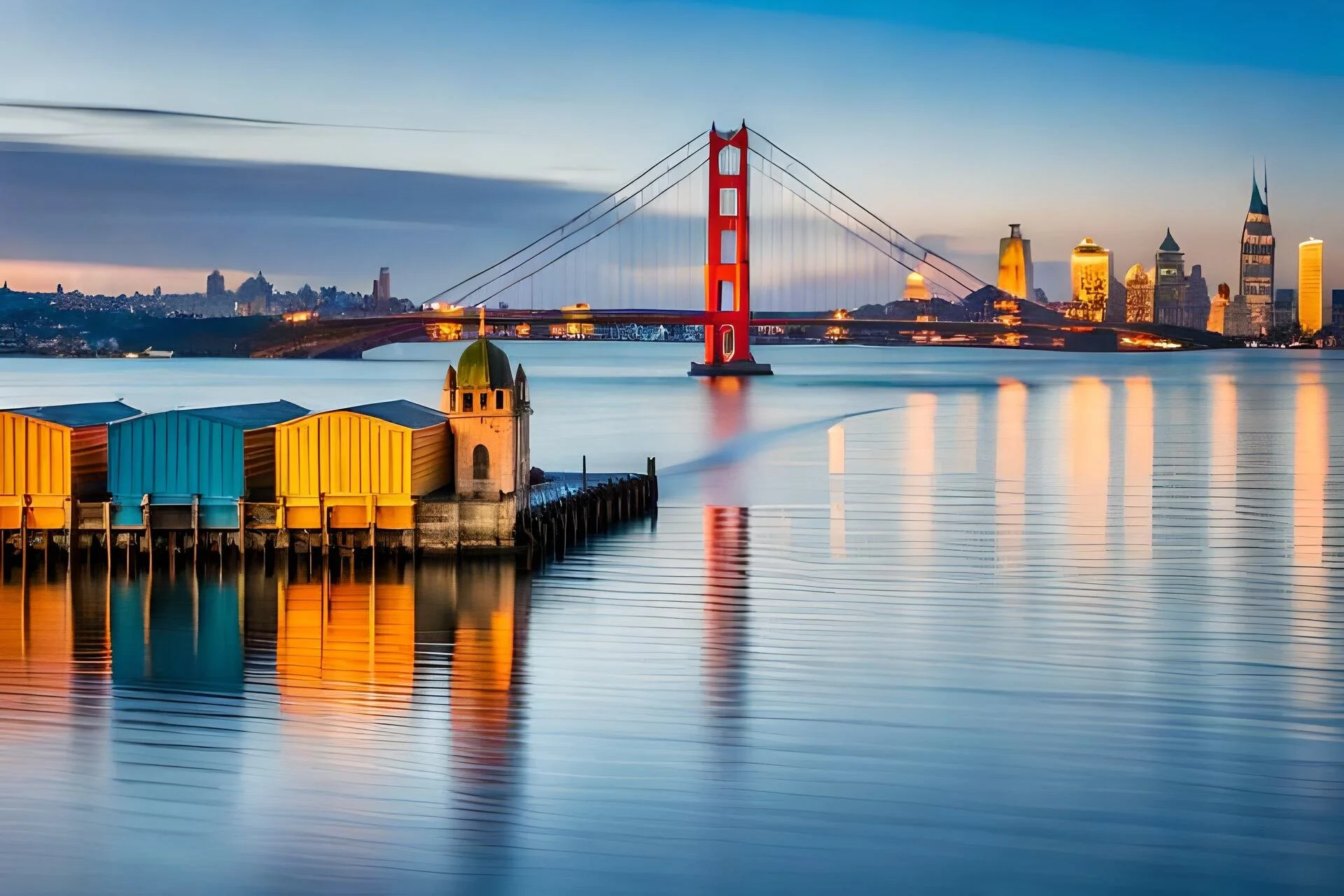 View of the San Francisco skyline at sunset featuring the Golden Gate Bridge, city skyscrapers, and water with reflections.