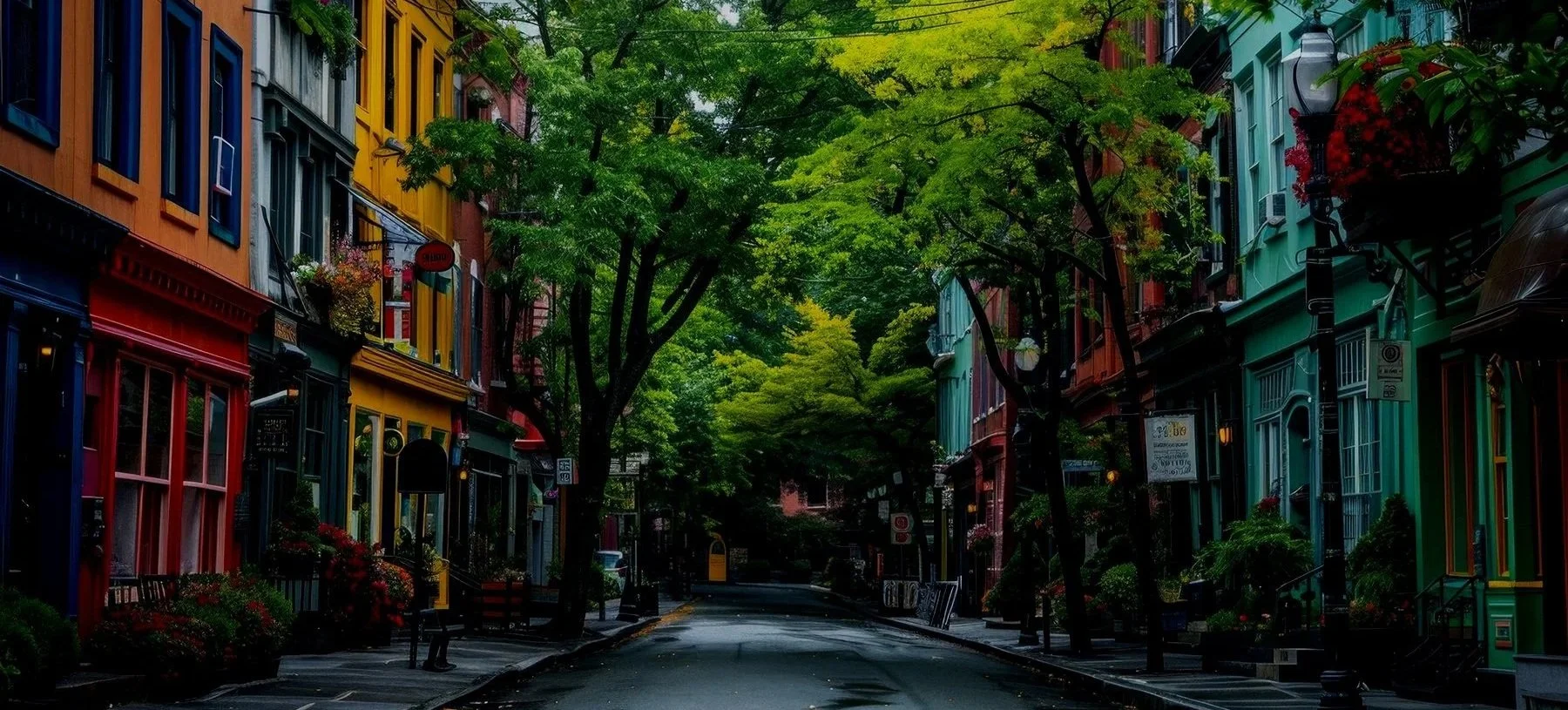 Colorful buildings lining a tree-lined street with lush green foliage overhead in an urban neighborhood.