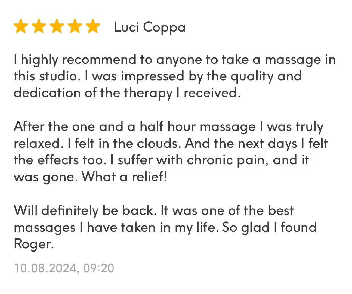 Customer review with five stars, mentioning a massage experience at a studio, praising the quality and relaxation, dated October 8, 2024.