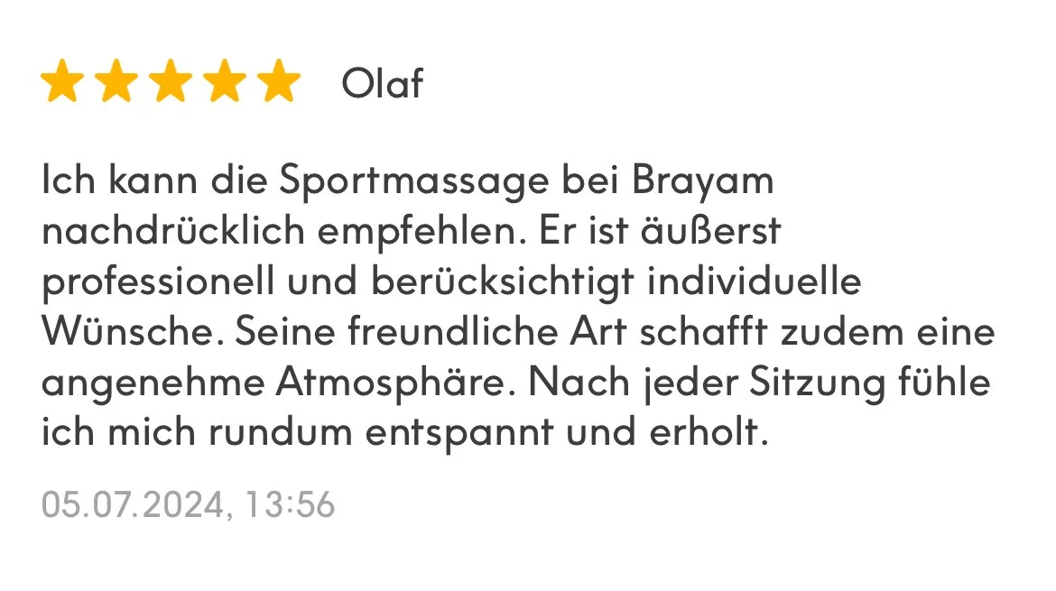 A review with five yellow stars and a positive written review in German praising a sports massage by Brayam, mentioning professionalism, friendliness, and relaxation after each session, dated July 5, 2024.