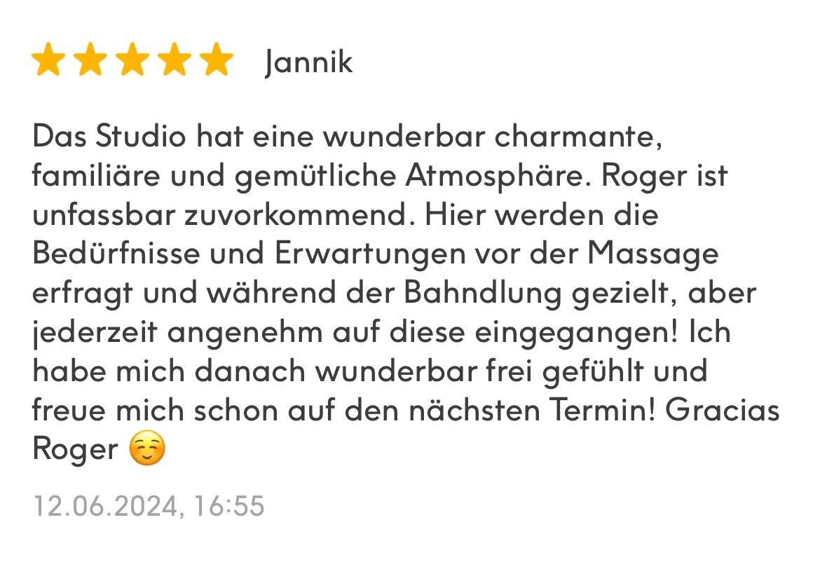 Customer review with five stars, titled Jannik, praising a studio for its charming, familiar, and cozy atmosphere. Mention of Roger's professionalism and the massage experience, highlighting satisfaction and looking forward to the next appointment. Date and time of review: June 12, 2024, at 4:55 PM.