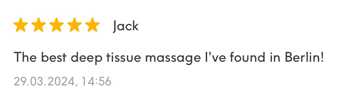 Customer review with five gold stars, username Jack, praising a deep tissue massage found in Berlin, dated March 29, 2024.