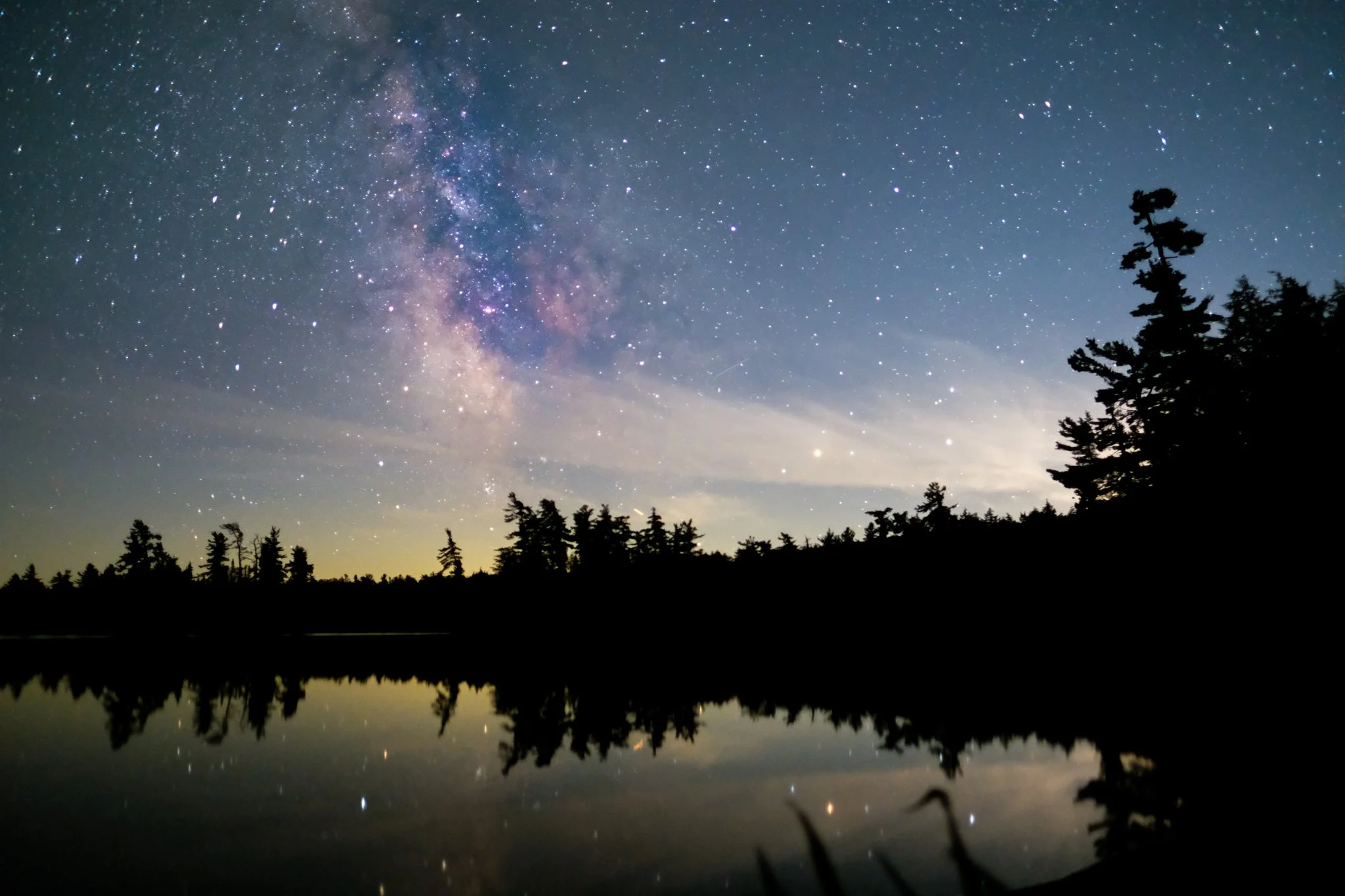 Night sky with stars above silhouette of trees and their reflection in a calm body of water.