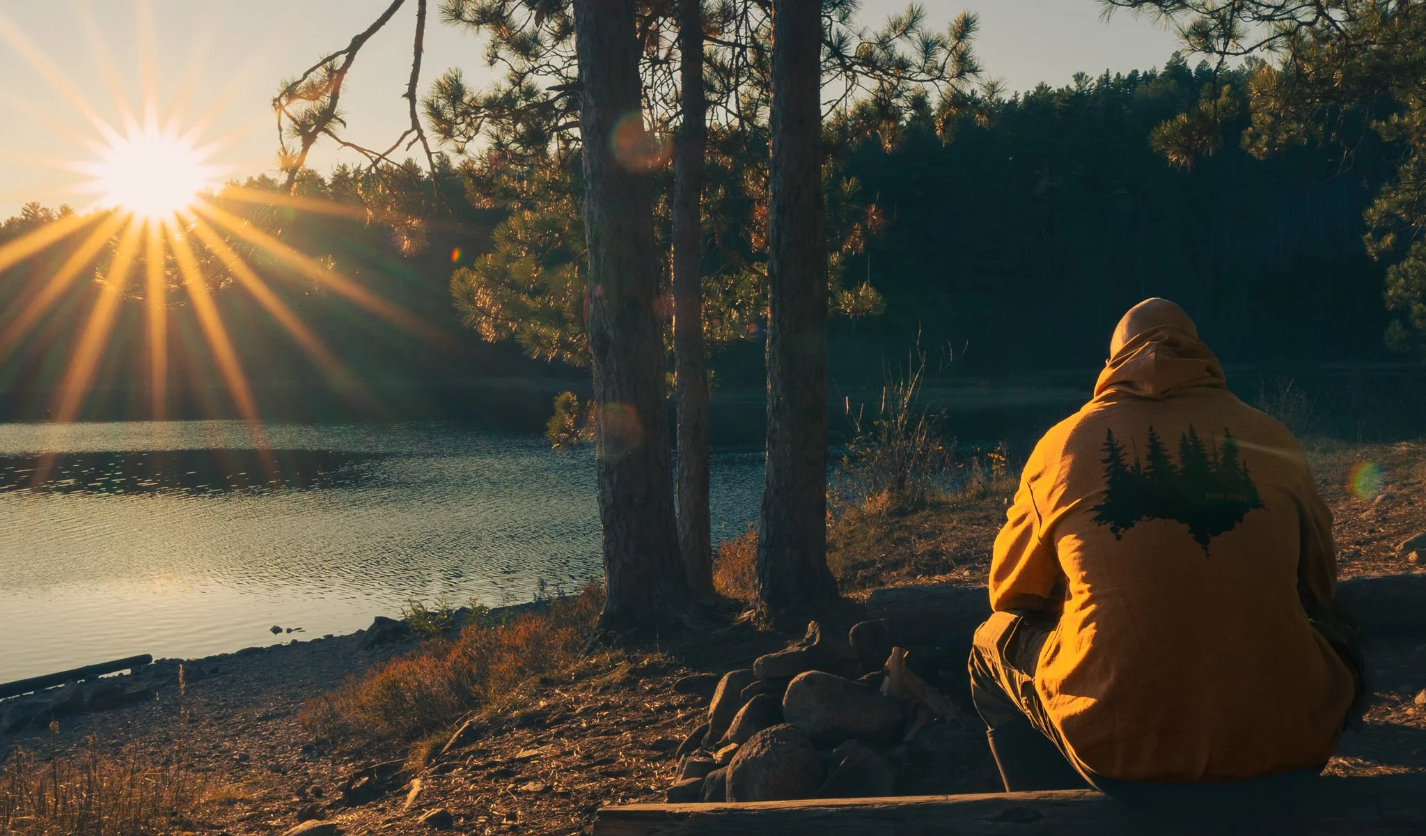 Person wearing a yellow jacket with a silhouette of trees on the back, sitting by a lake during sunrise or sunset, with trees and a mountain in the background.